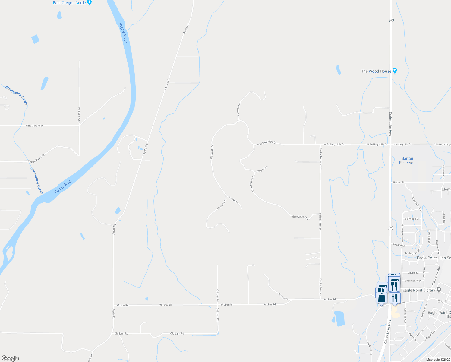 map of restaurants, bars, coffee shops, grocery stores, and more near 591 Mount Castle Drive in Eagle Point