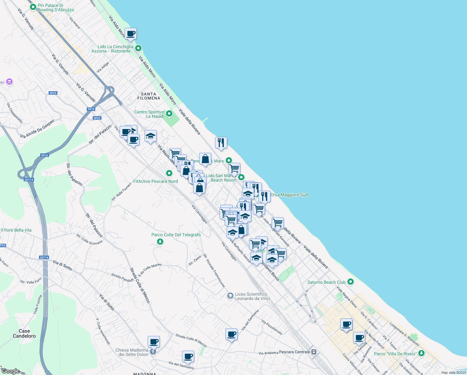 map of restaurants, bars, coffee shops, grocery stores, and more near 281 Viale Riviera Nord in Pescara