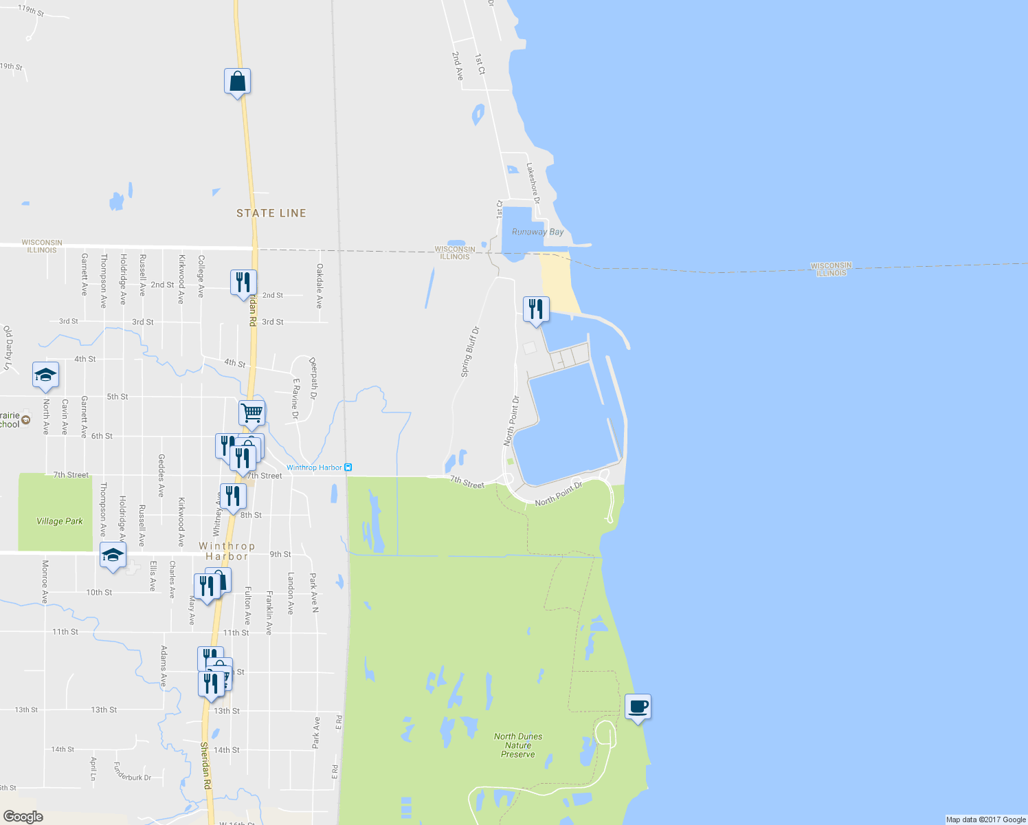 map of restaurants, bars, coffee shops, grocery stores, and more near North Point Dr in Winthrop Harbor