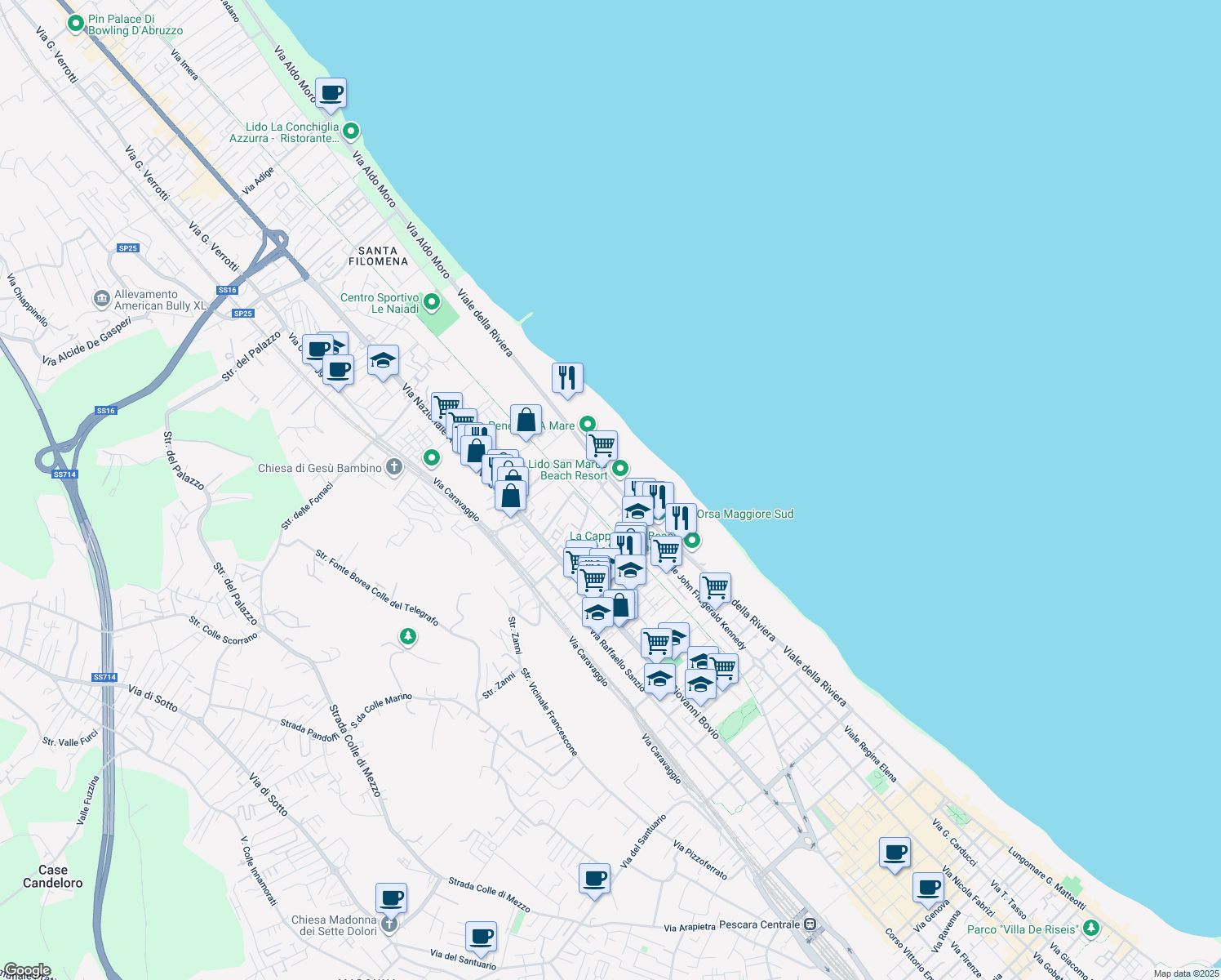map of restaurants, bars, coffee shops, grocery stores, and more near 281 Viale Riviera Nord in Pescara