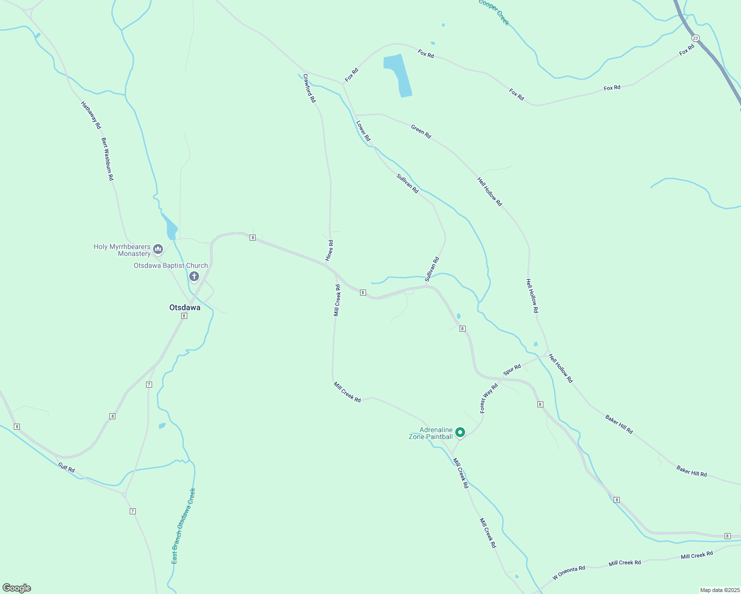 map of restaurants, bars, coffee shops, grocery stores, and more near County Road 8 in Otego