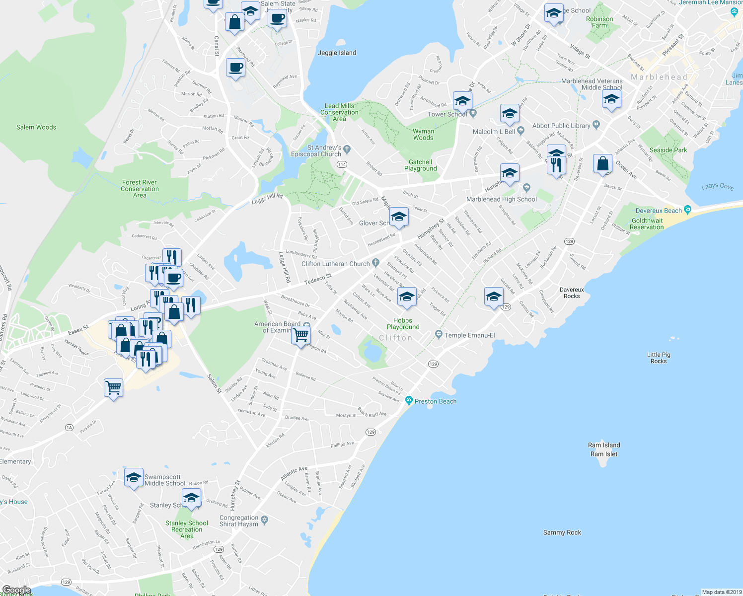 map of restaurants, bars, coffee shops, grocery stores, and more near 21 Ware Lane in Marblehead
