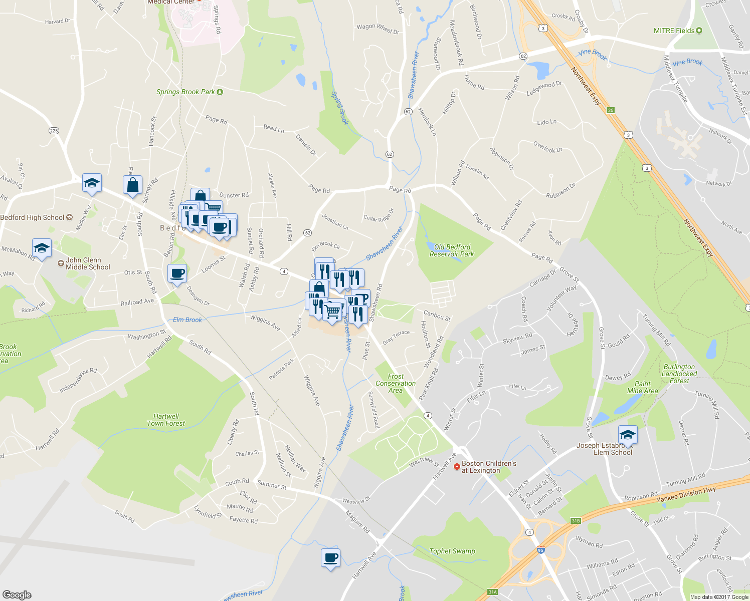 map of restaurants, bars, coffee shops, grocery stores, and more near 24 Shawsheen Road in Bedford