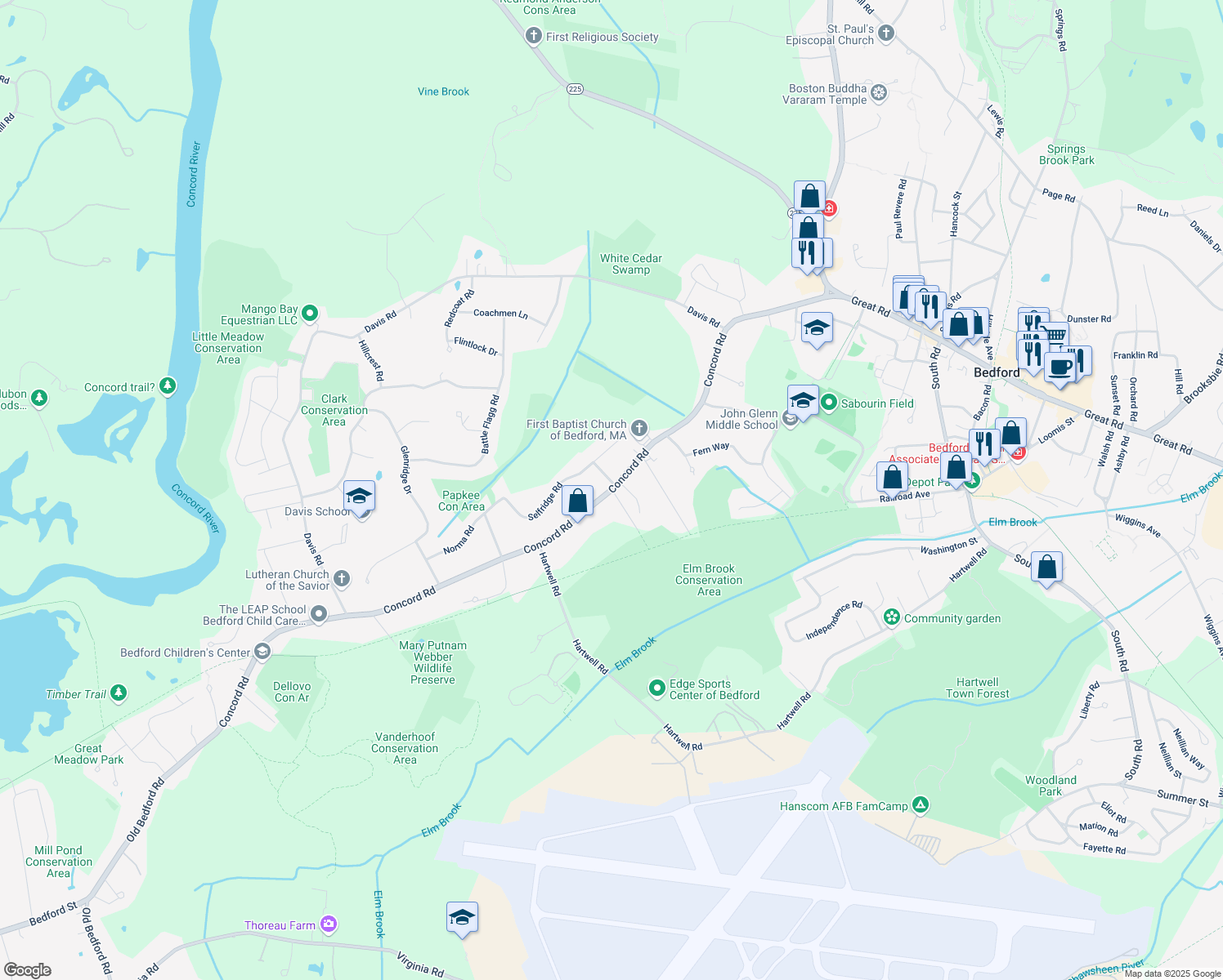 map of restaurants, bars, coffee shops, grocery stores, and more near 1 Turf Meadow Road in Bedford
