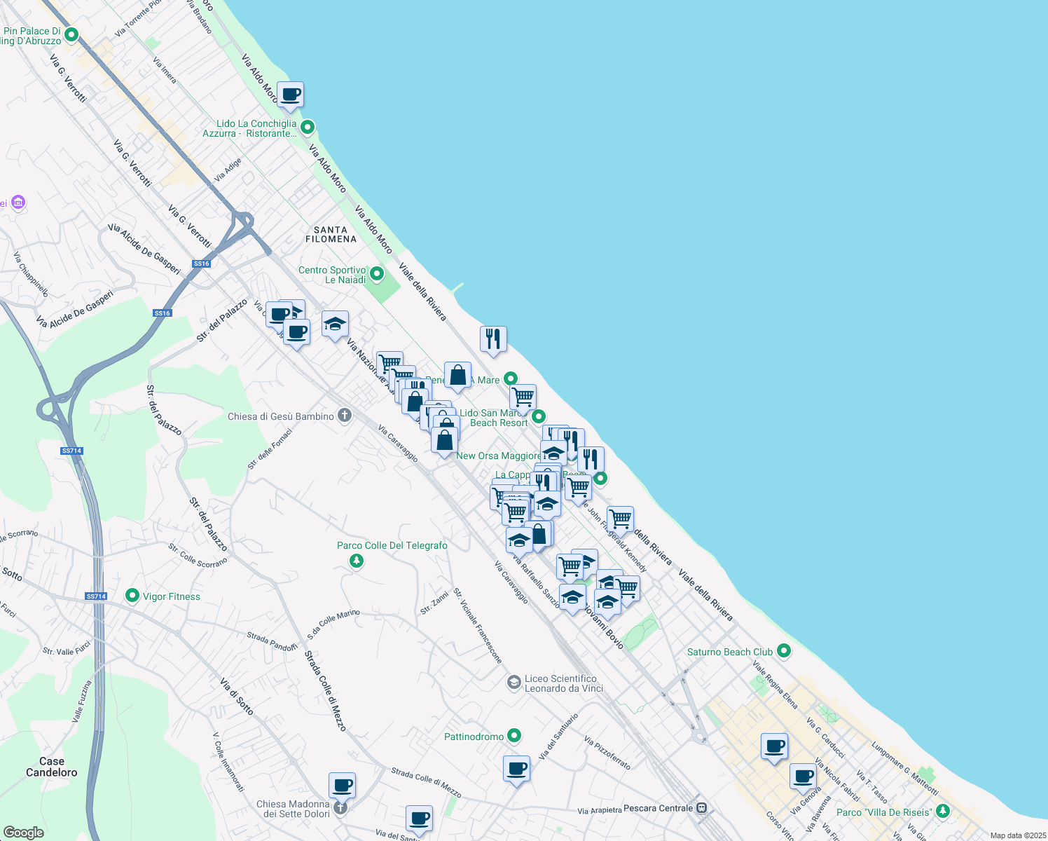 map of restaurants, bars, coffee shops, grocery stores, and more near 281 Viale della Riviera in Pescara