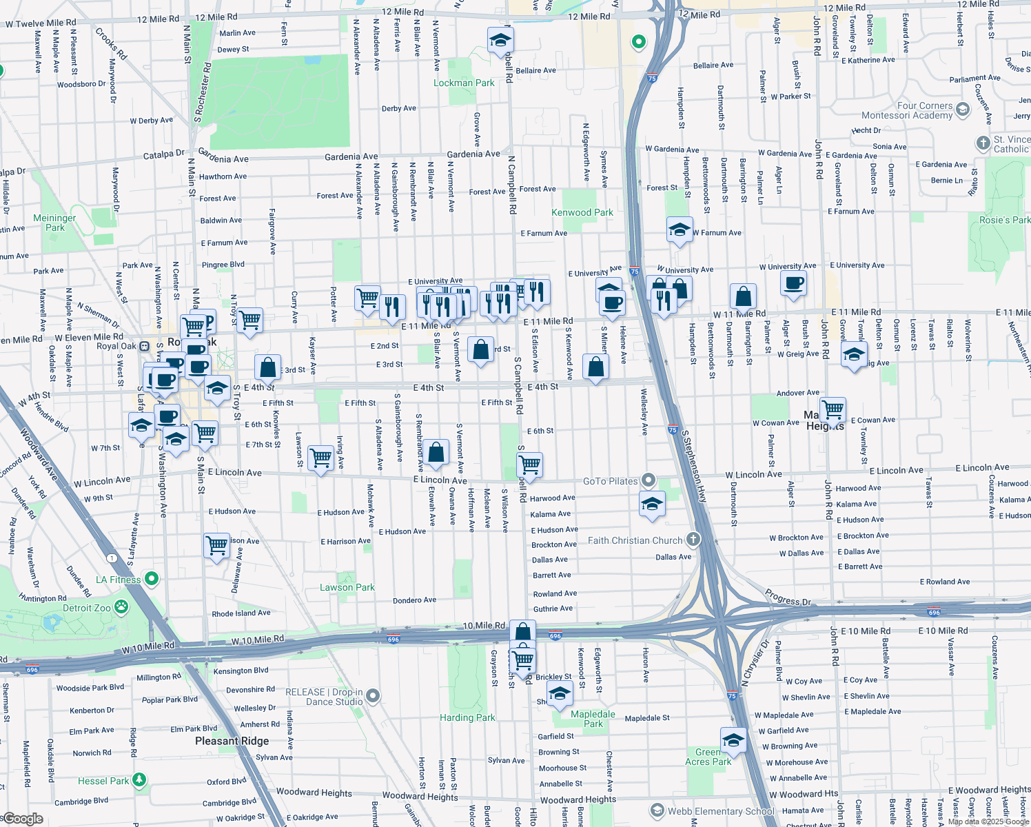 map of restaurants, bars, coffee shops, grocery stores, and more near 514 South Campbell Road in Royal Oak