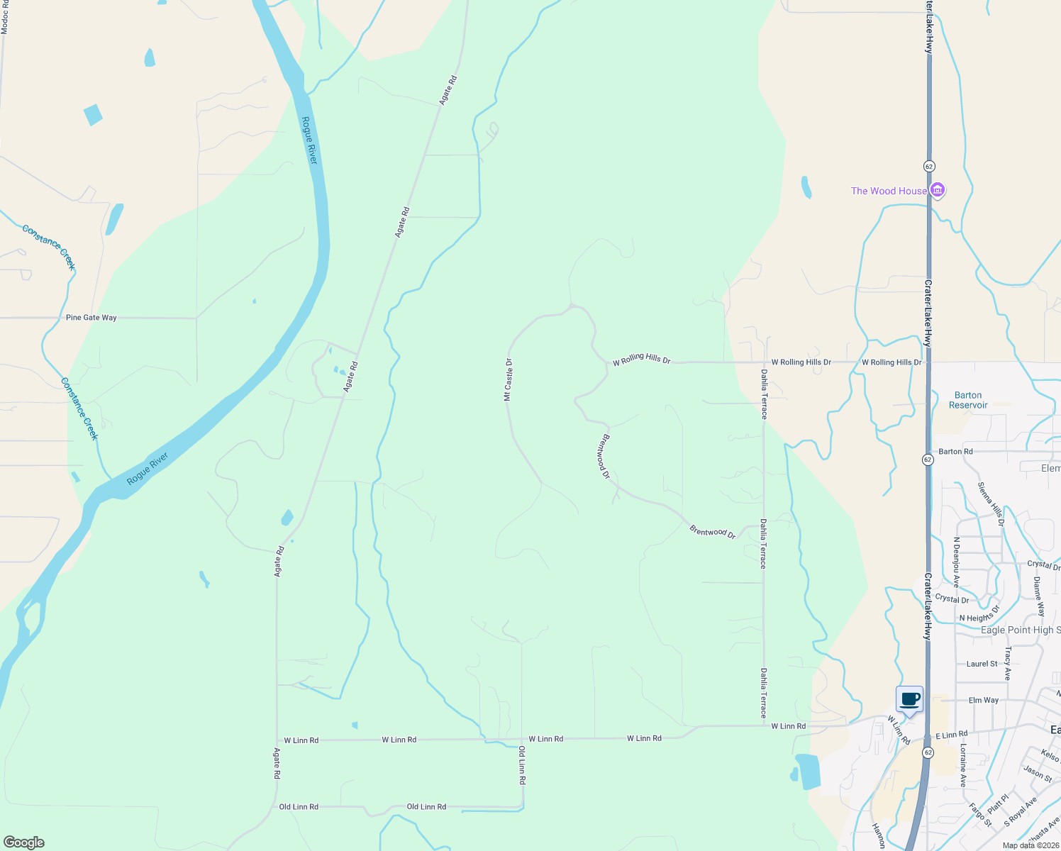 map of restaurants, bars, coffee shops, grocery stores, and more near 591 Mount Castle Drive in Eagle Point