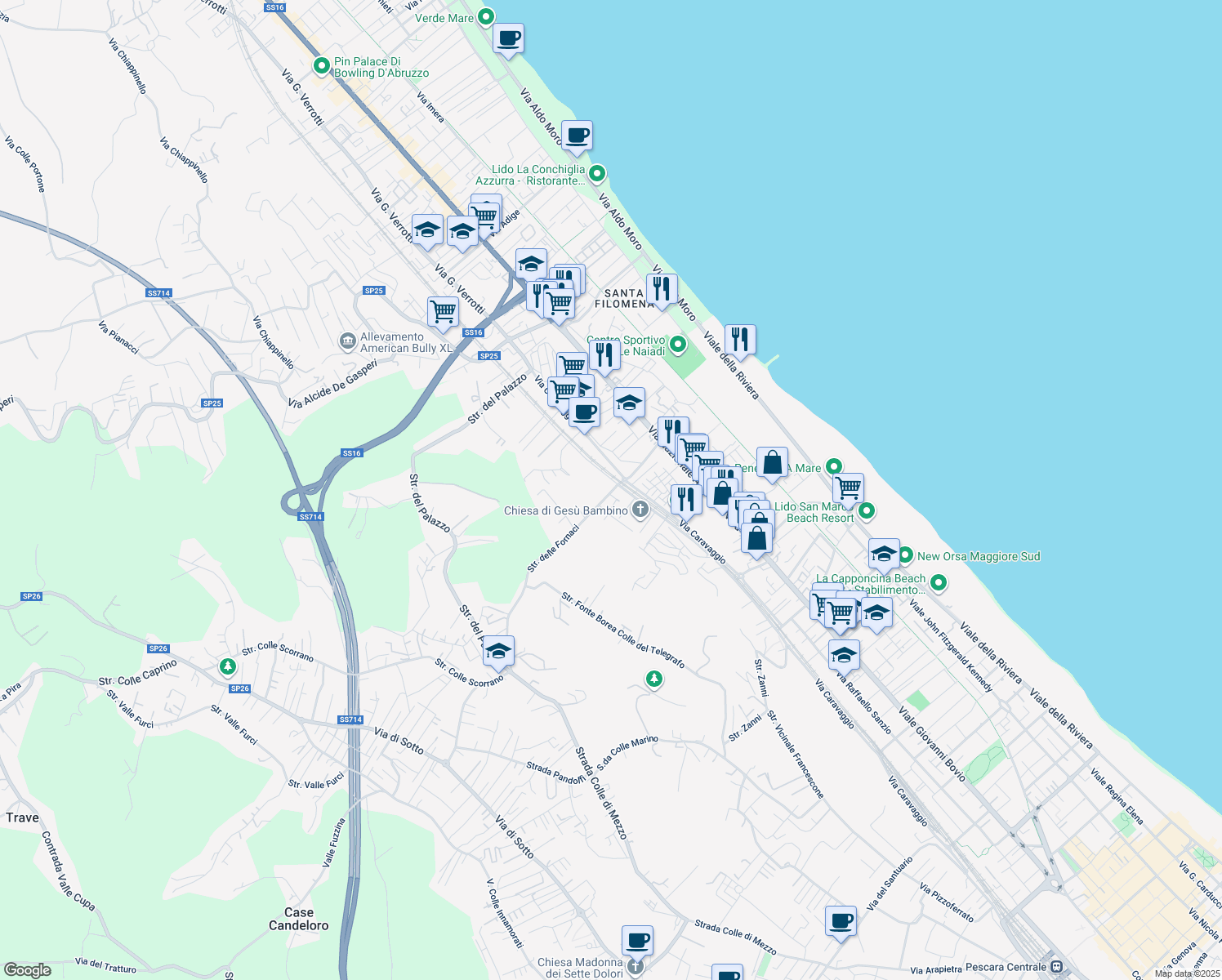 map of restaurants, bars, coffee shops, grocery stores, and more near 30 Strada delle Fornaci in Pescara