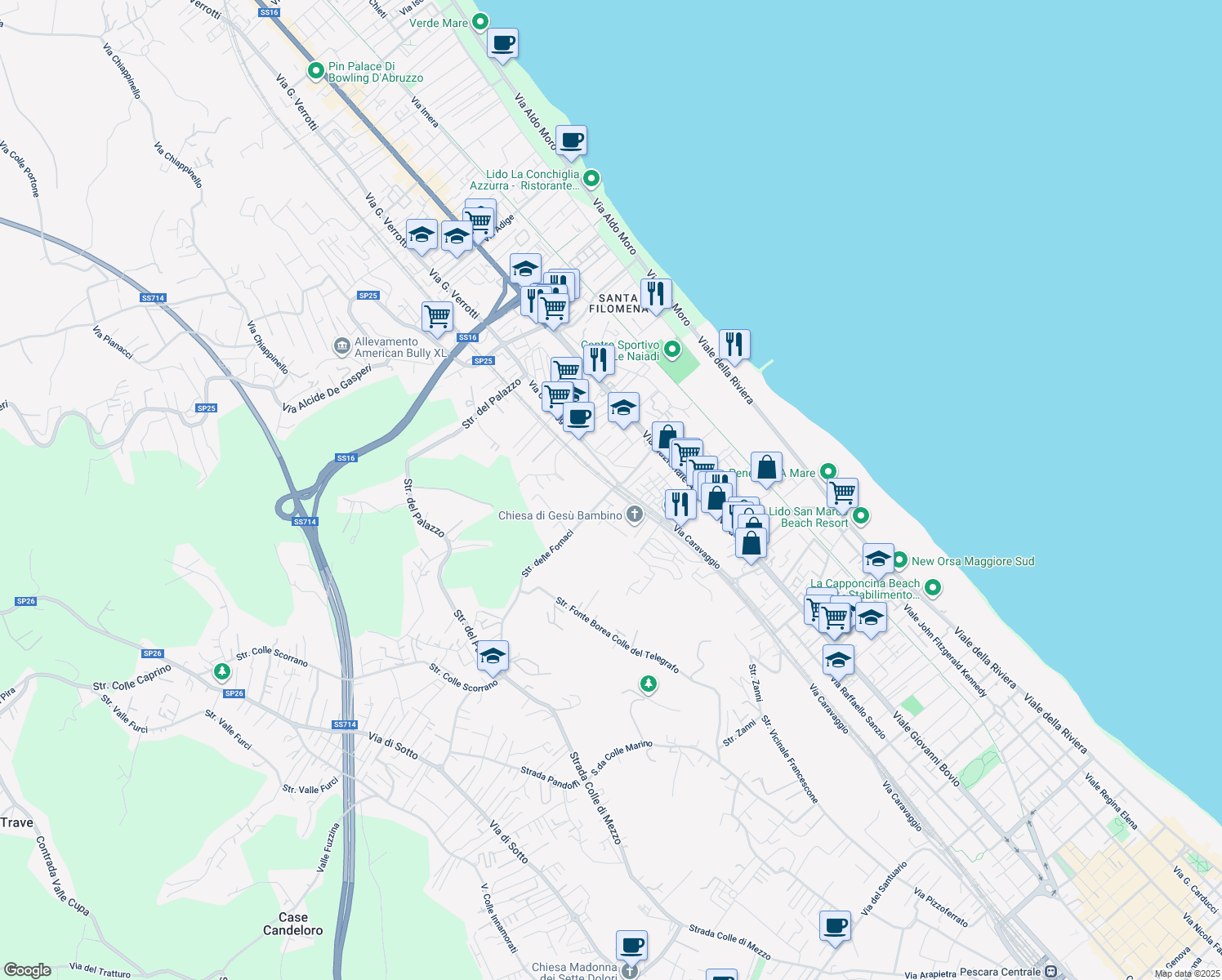 map of restaurants, bars, coffee shops, grocery stores, and more near 30 Strada delle Fornaci in Pescara