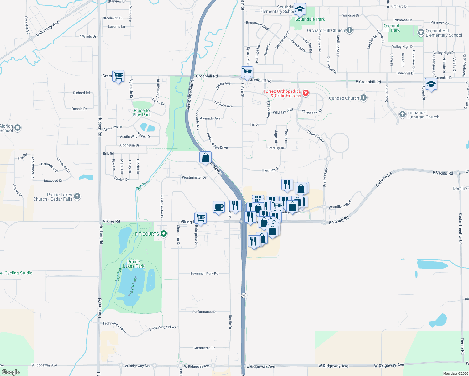 map of restaurants, bars, coffee shops, grocery stores, and more near Highway 58 in Cedar Falls