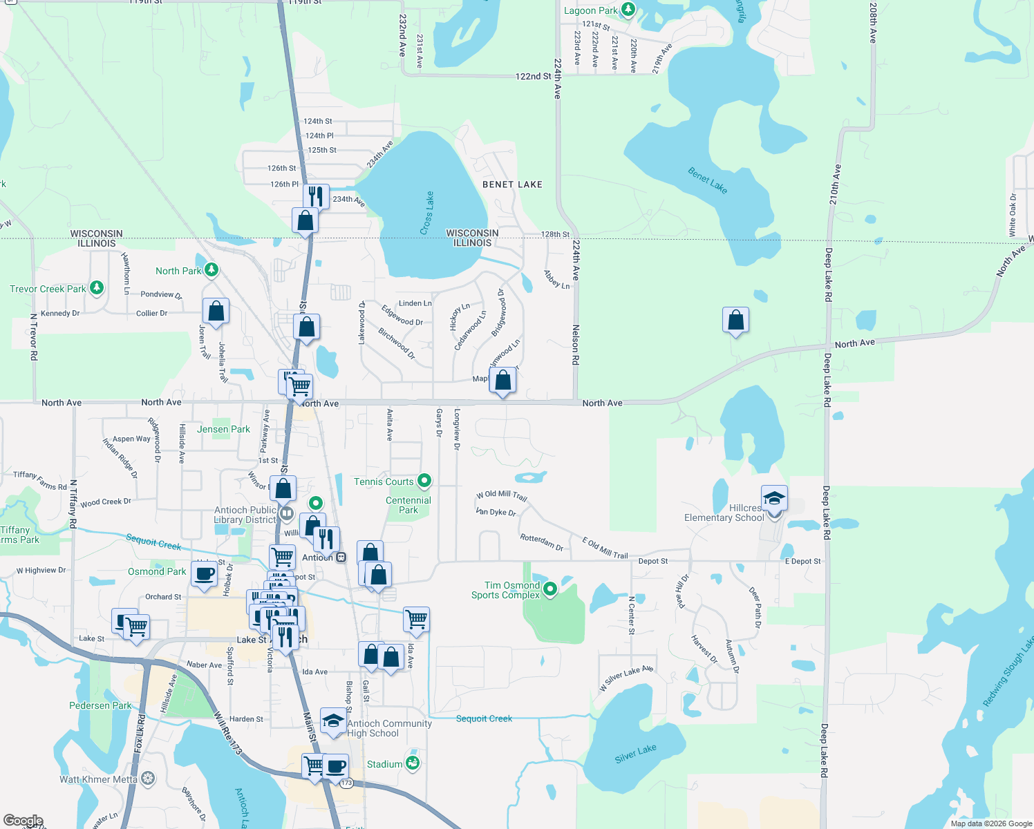 map of restaurants, bars, coffee shops, grocery stores, and more near 9 E Vandermeer Dr in Antioch