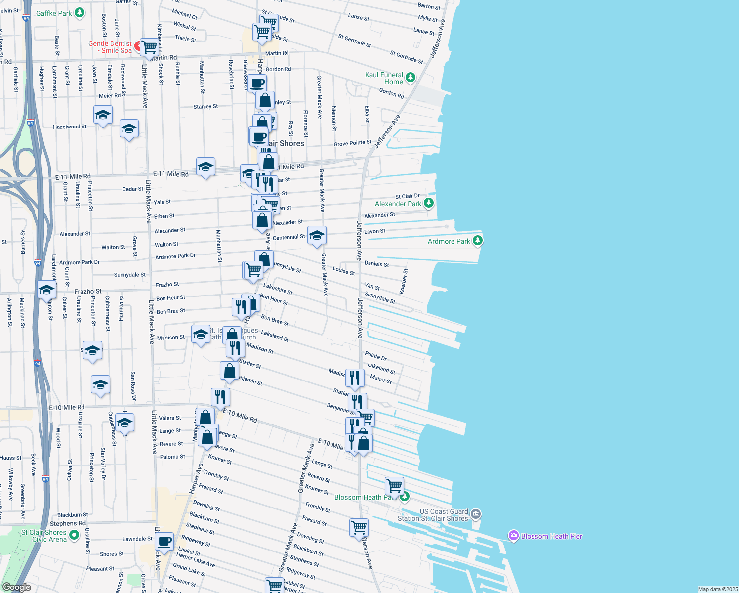 map of restaurants, bars, coffee shops, grocery stores, and more near 22411 Wildwood St in St Clair Shores