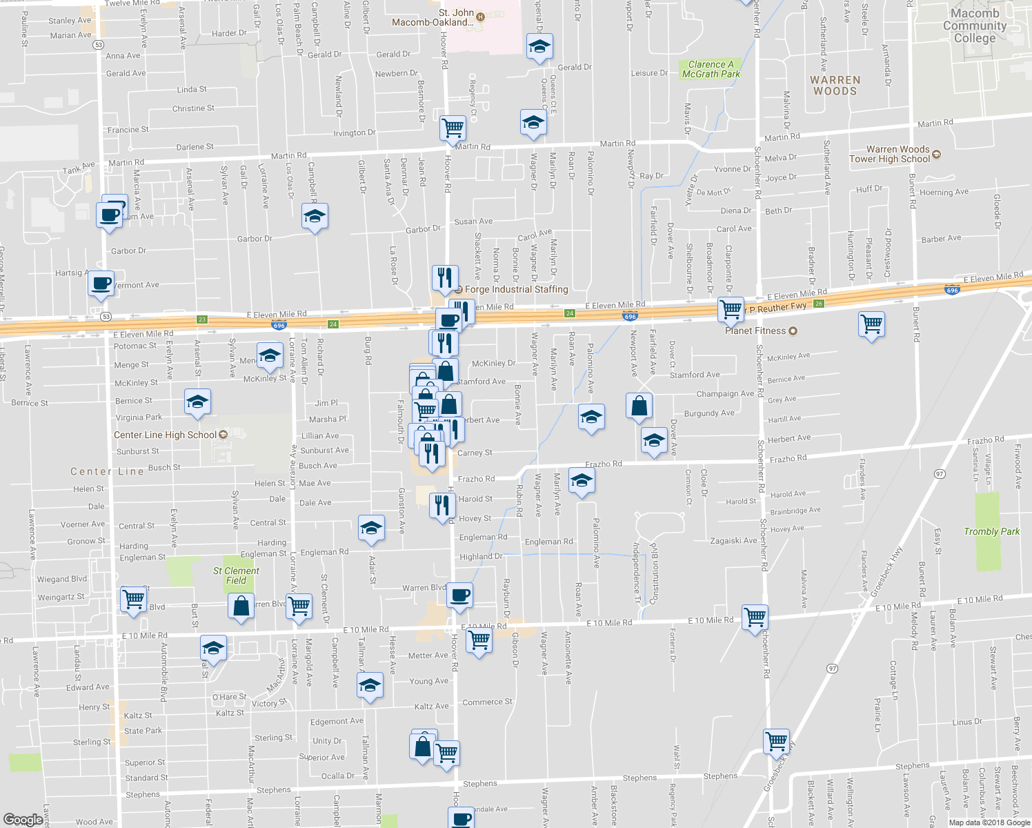 map of restaurants, bars, coffee shops, grocery stores, and more near 11961 Herbert Avenue in Warren