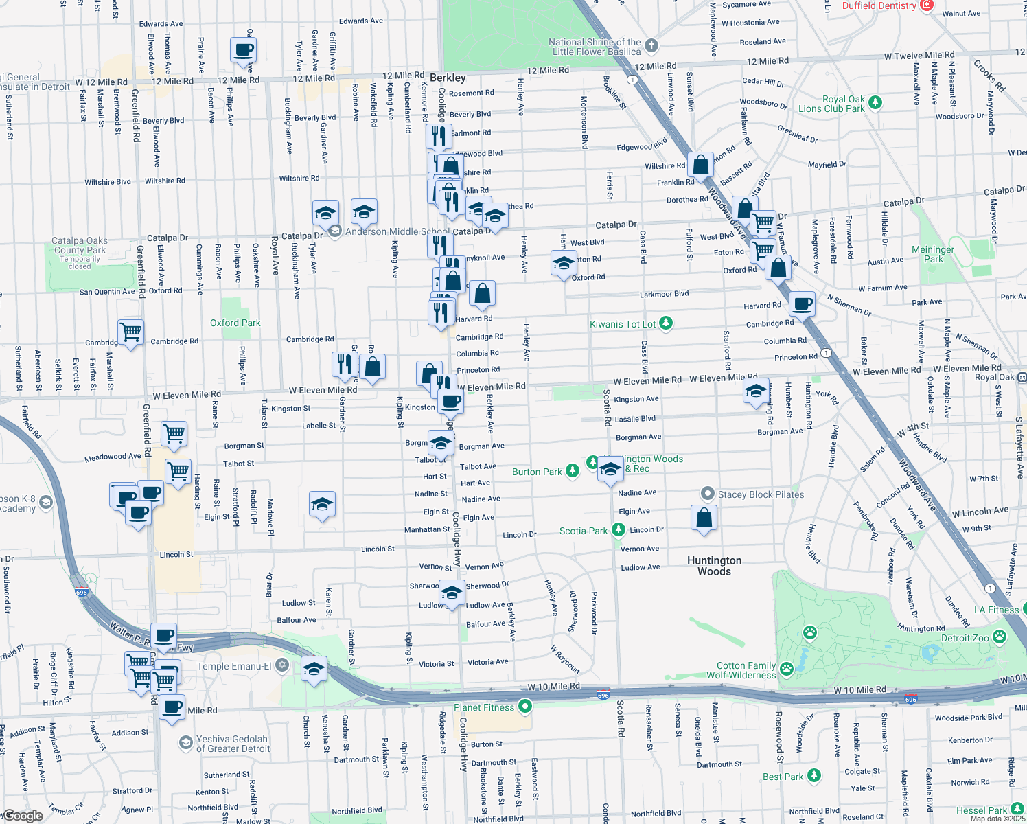 map of restaurants, bars, coffee shops, grocery stores, and more near 13129 Kingston Avenue in Huntington Woods