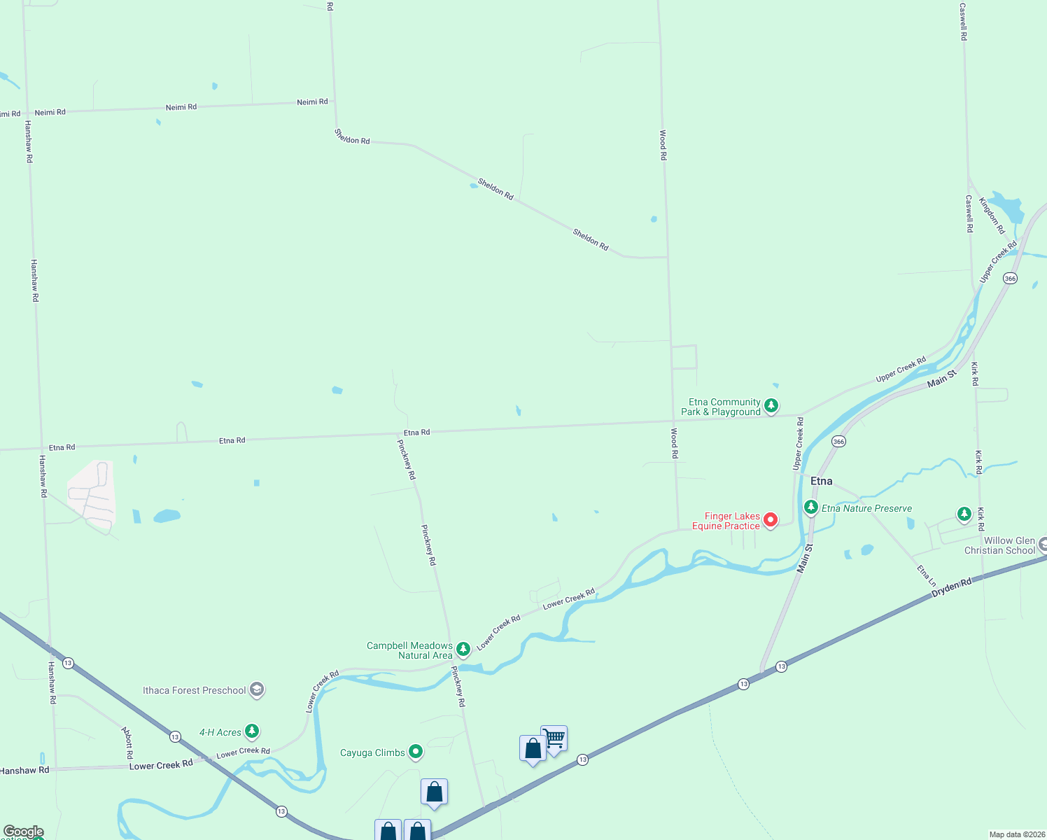 map of restaurants, bars, coffee shops, grocery stores, and more near 160 Etna Road in Ithaca