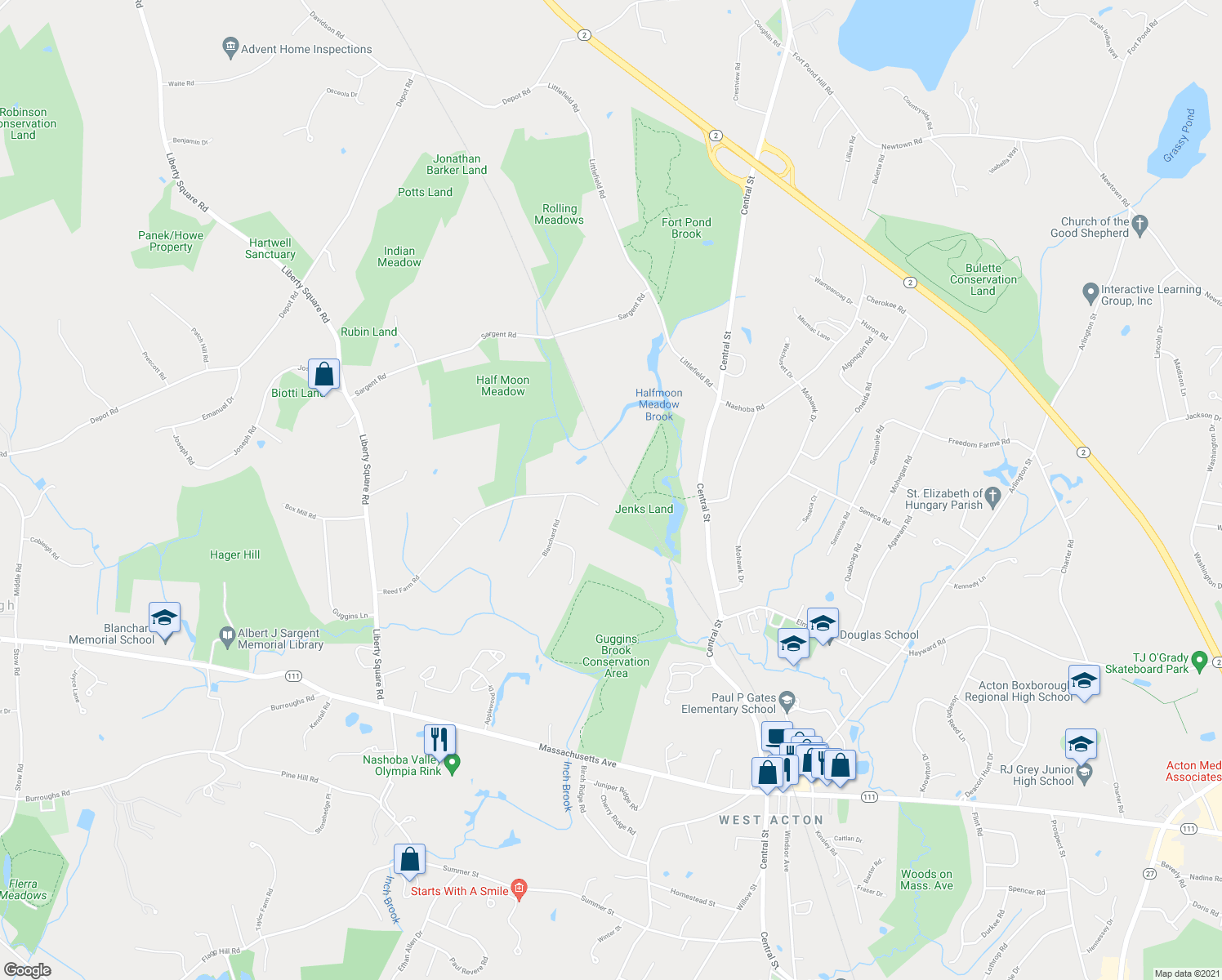 map of restaurants, bars, coffee shops, grocery stores, and more near 360 Reed Farm Rd in Boxborough