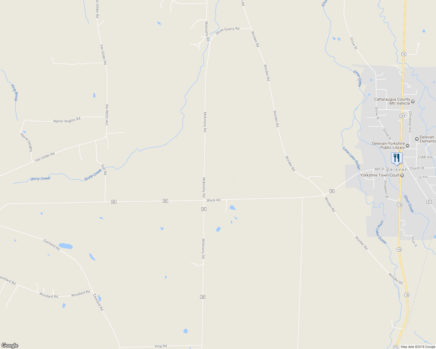 map of restaurants, bars, coffee shops, grocery stores, and more near 11274 Mckinstry Road in Delevan