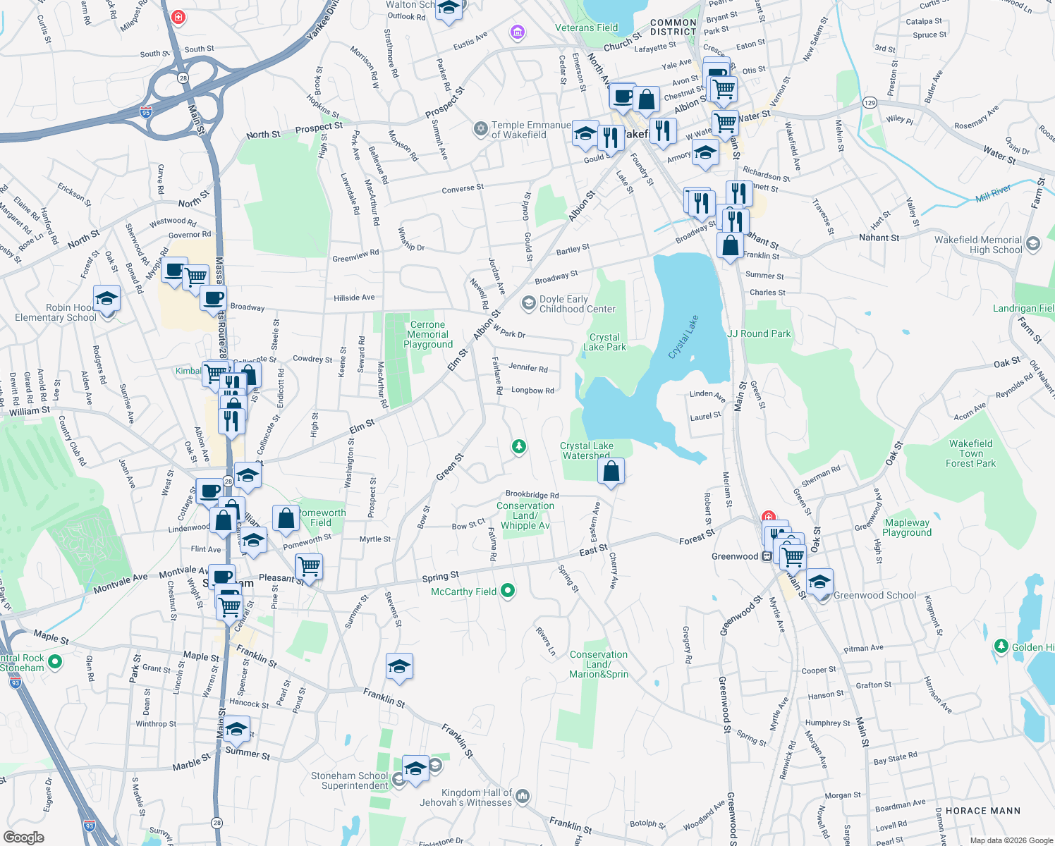map of restaurants, bars, coffee shops, grocery stores, and more near 18 Valley Rd in Stoneham