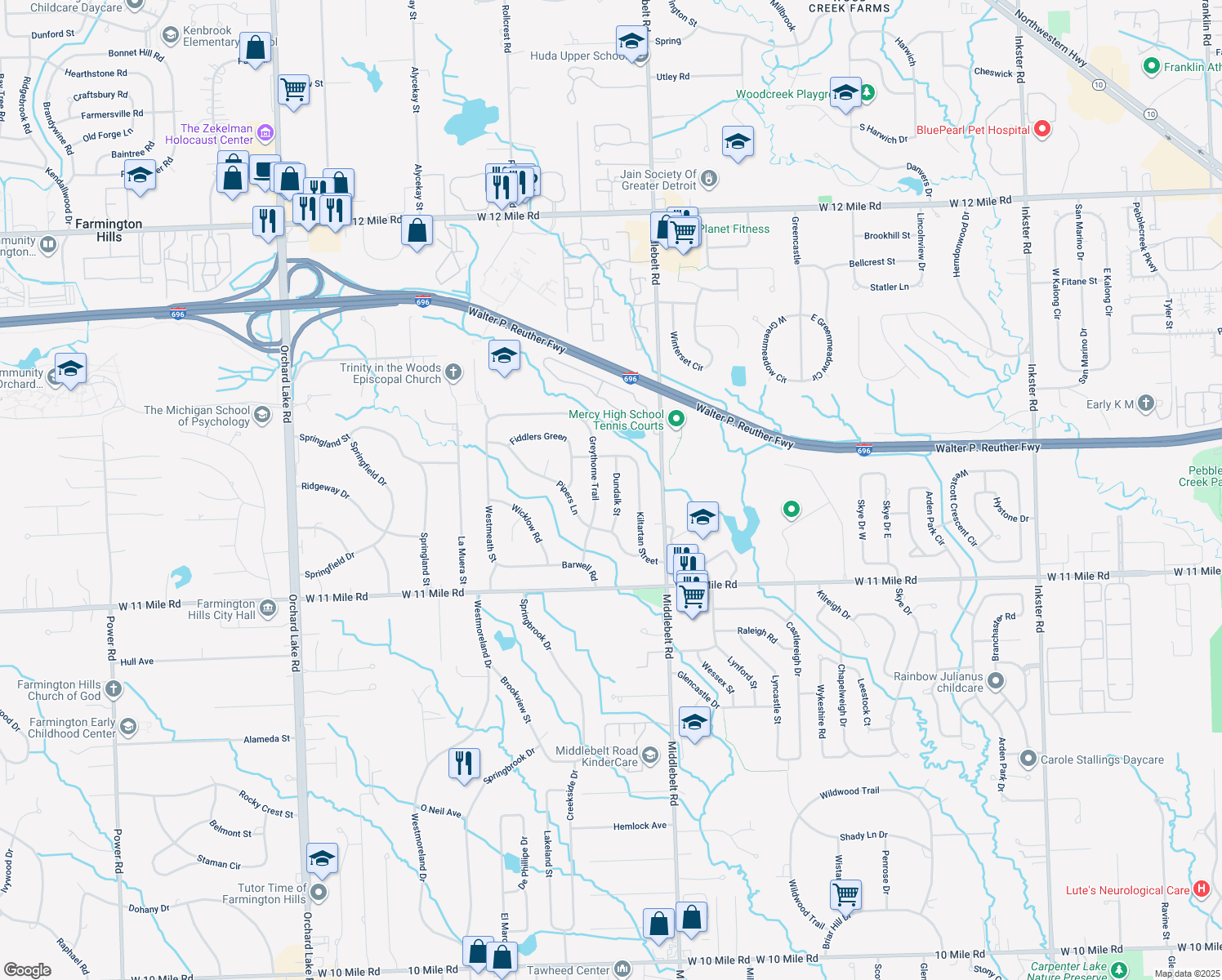 map of restaurants, bars, coffee shops, grocery stores, and more near 26319 Dundalk Street in Farmington Hills