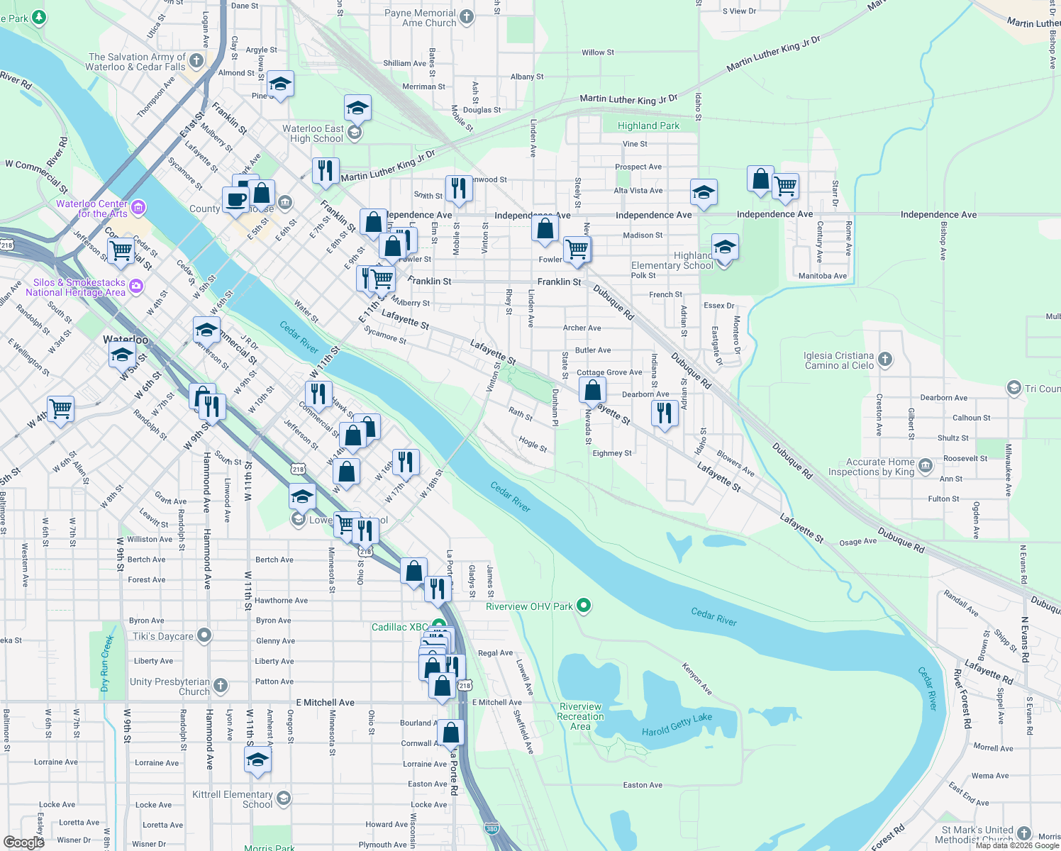 map of restaurants, bars, coffee shops, grocery stores, and more near 410 Rath St in Waterloo