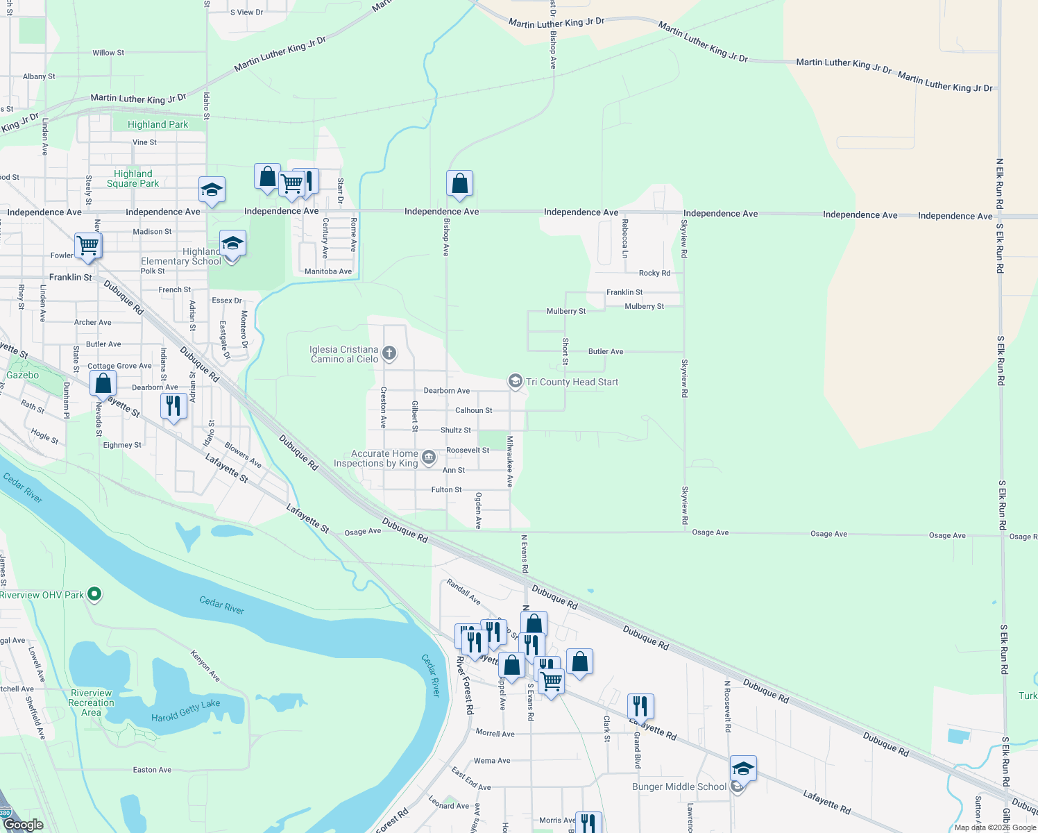 map of restaurants, bars, coffee shops, grocery stores, and more near 620 Milwaukee Avenue in Waterloo