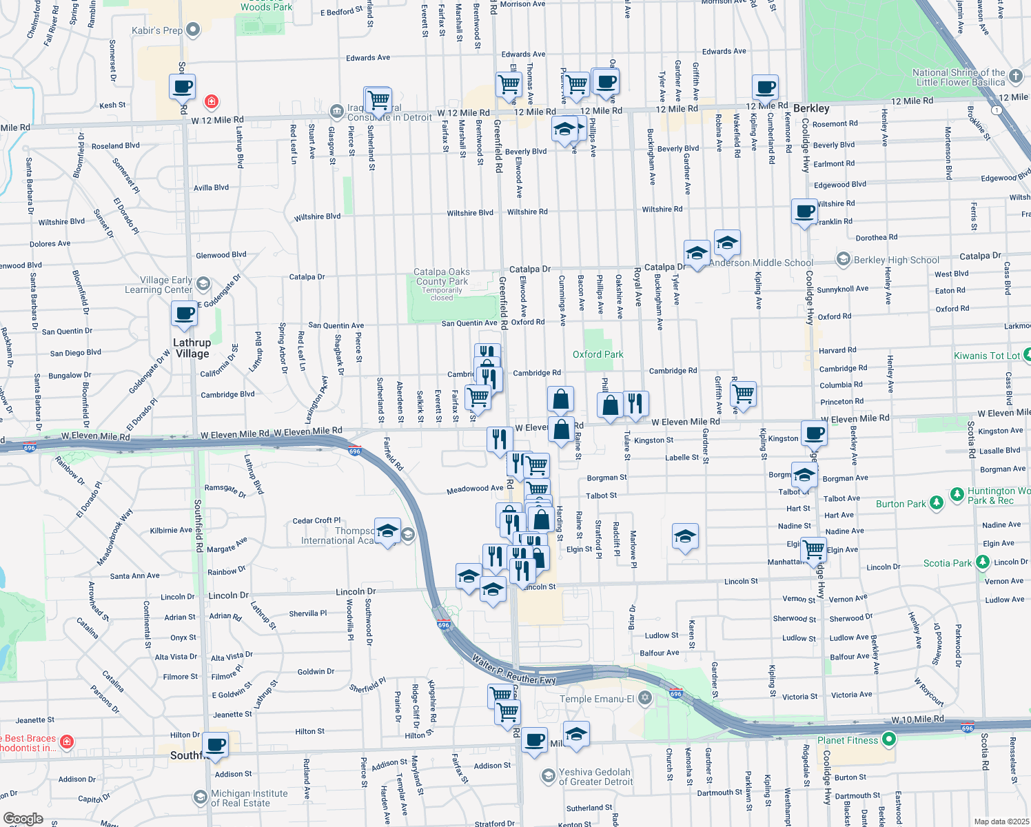 map of restaurants, bars, coffee shops, grocery stores, and more near 1772 Greenfield Rd in Berkley