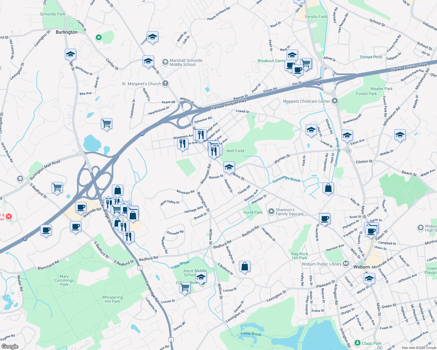 map of restaurants, bars, coffee shops, grocery stores, and more near 21 Wyman Street in Burlington