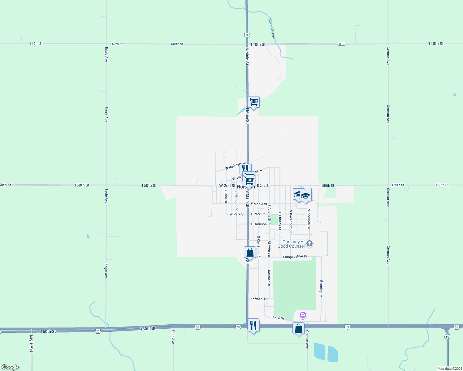 map of restaurants, bars, coffee shops, grocery stores, and more near 255 W 2nd St in Holstein
