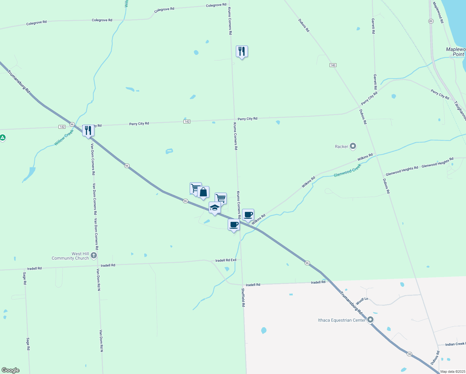 map of restaurants, bars, coffee shops, grocery stores, and more near 3341 Krums Corners Rd in Ithaca