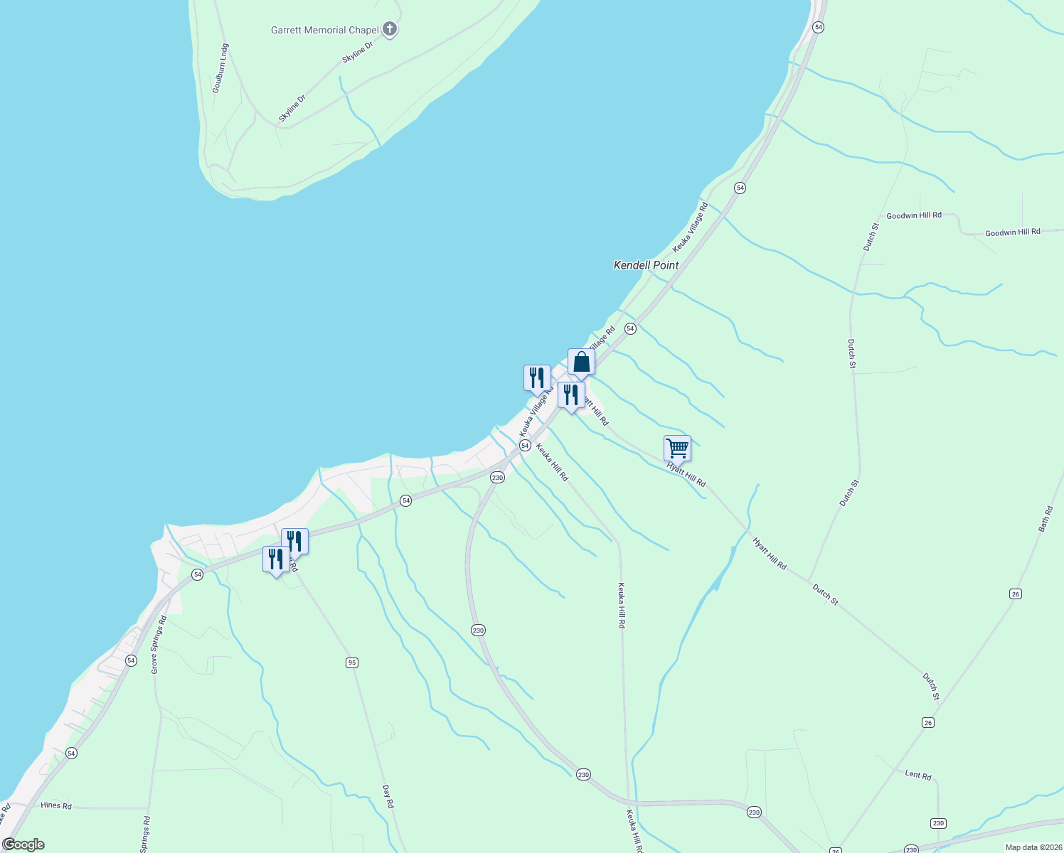 map of restaurants, bars, coffee shops, grocery stores, and more near 14056 Keuka Village Rd in Dundee