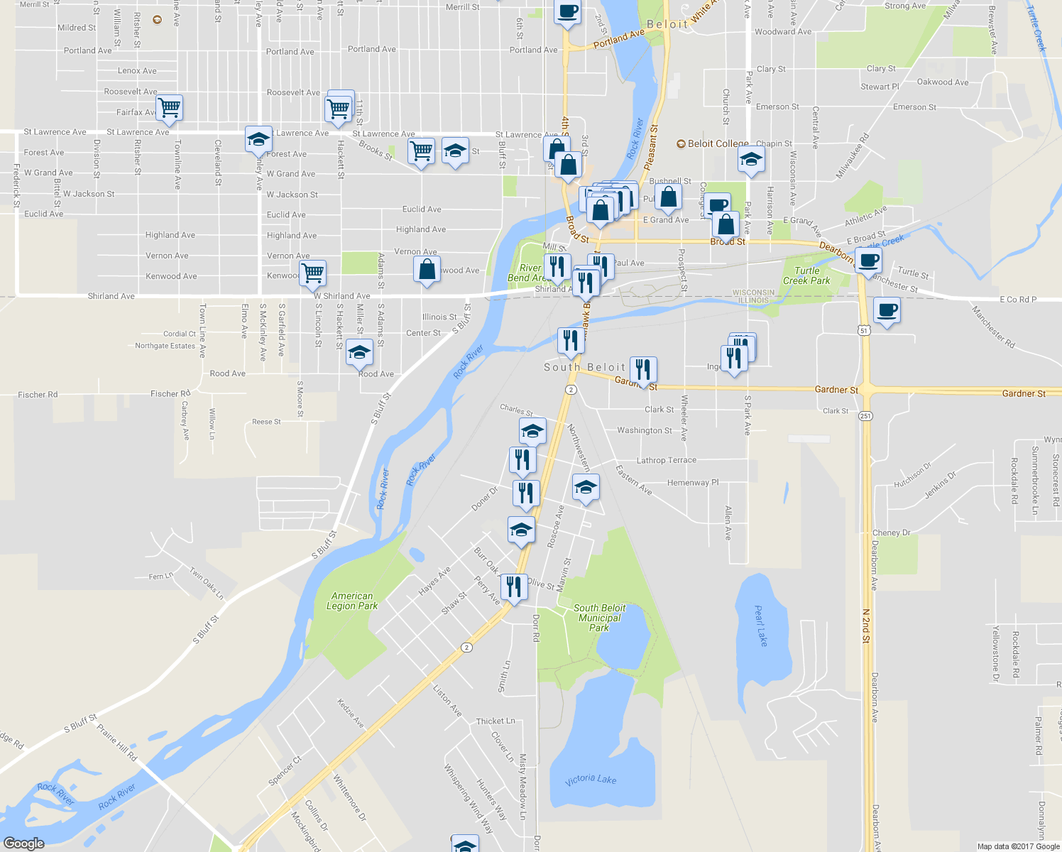 map of restaurants, bars, coffee shops, grocery stores, and more near 520 Hayes Avenue in South Beloit
