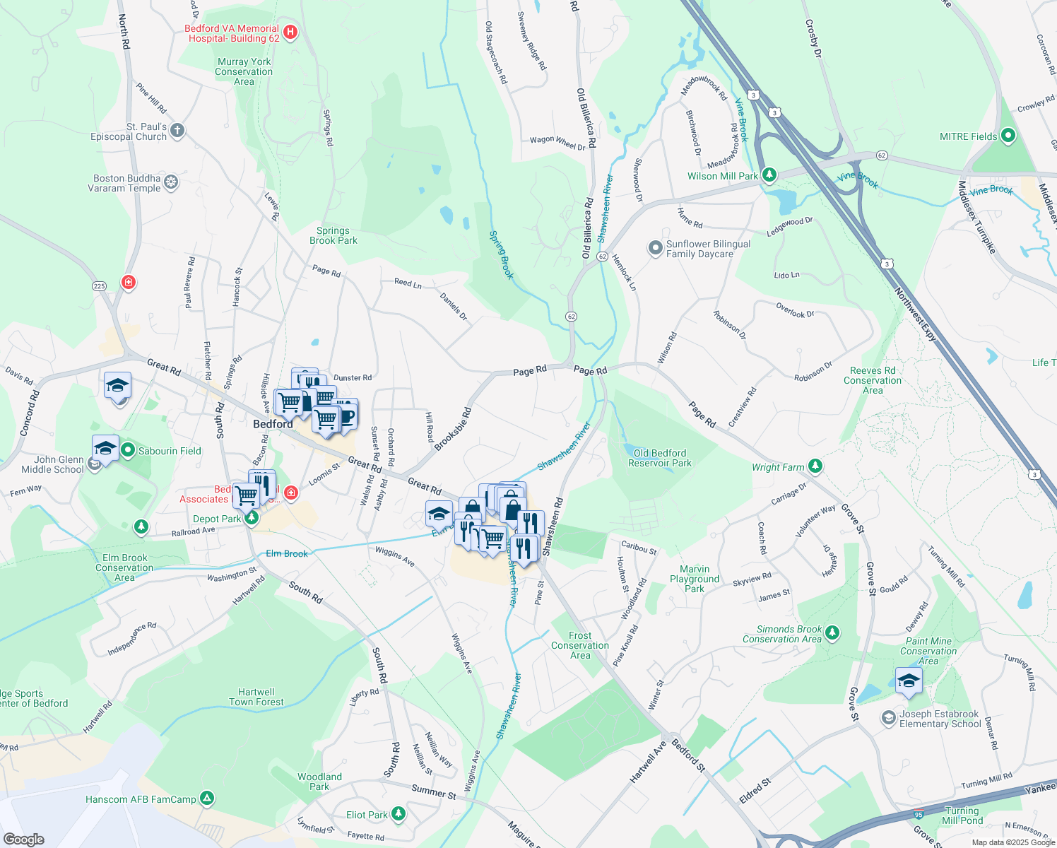 map of restaurants, bars, coffee shops, grocery stores, and more near 10A Jonathan Lane in Bedford