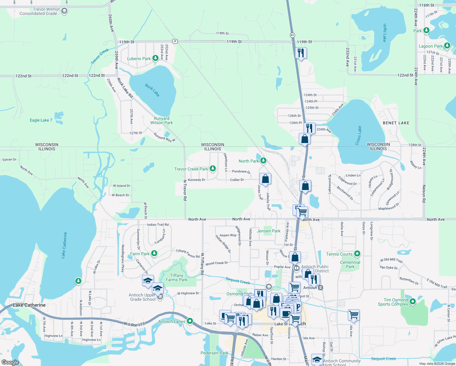 map of restaurants, bars, coffee shops, grocery stores, and more near 640 Collier Drive in Antioch
