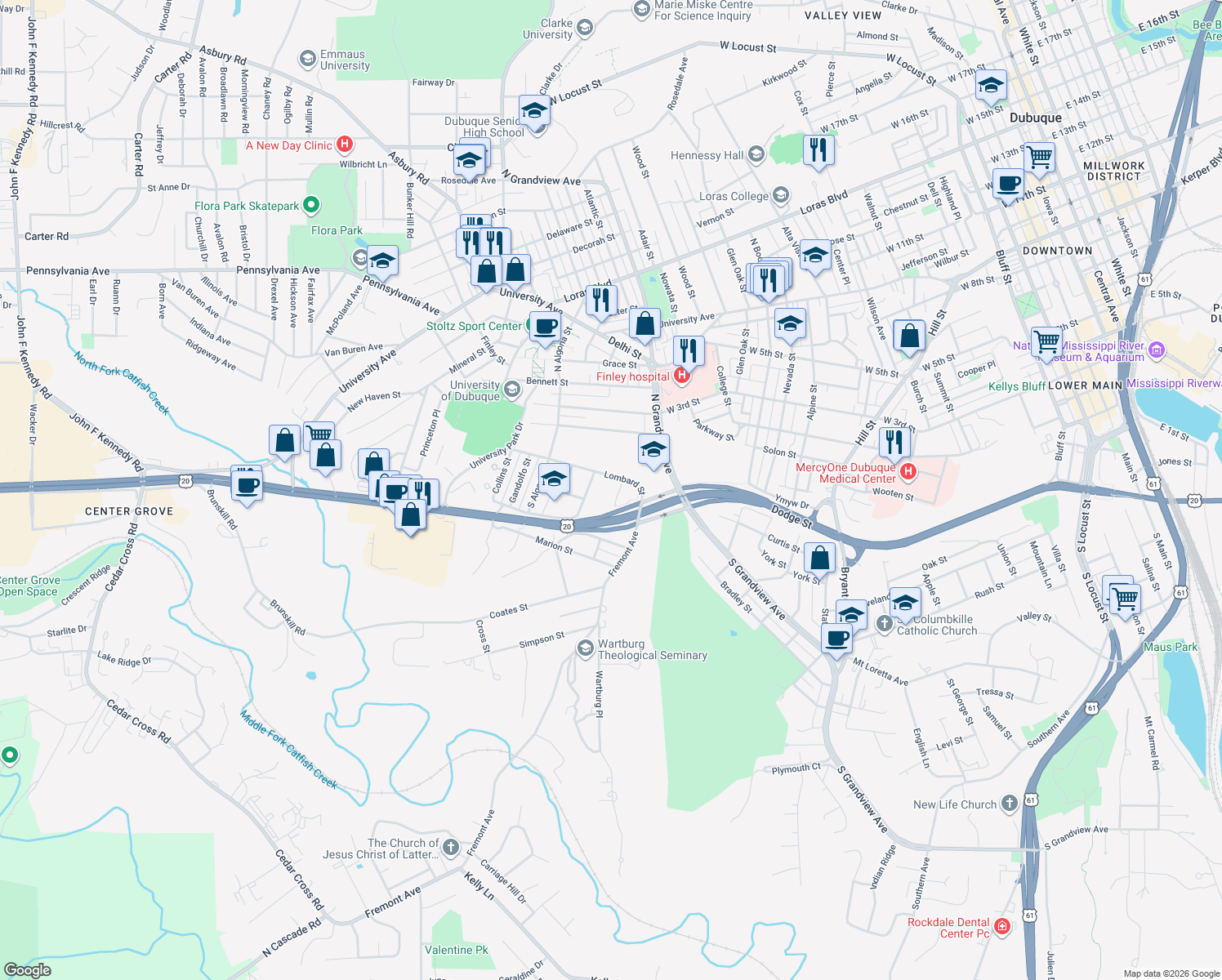 map of restaurants, bars, coffee shops, grocery stores, and more near 25 Meadow Ln in Dubuque