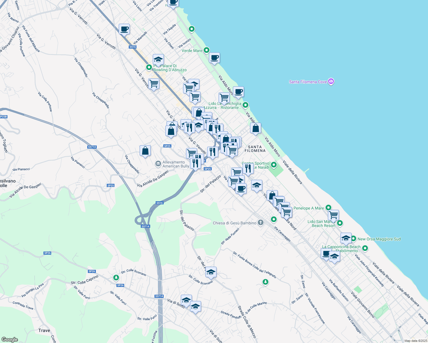 map of restaurants, bars, coffee shops, grocery stores, and more near 8 Via Bernardo Brandizio in Pescara