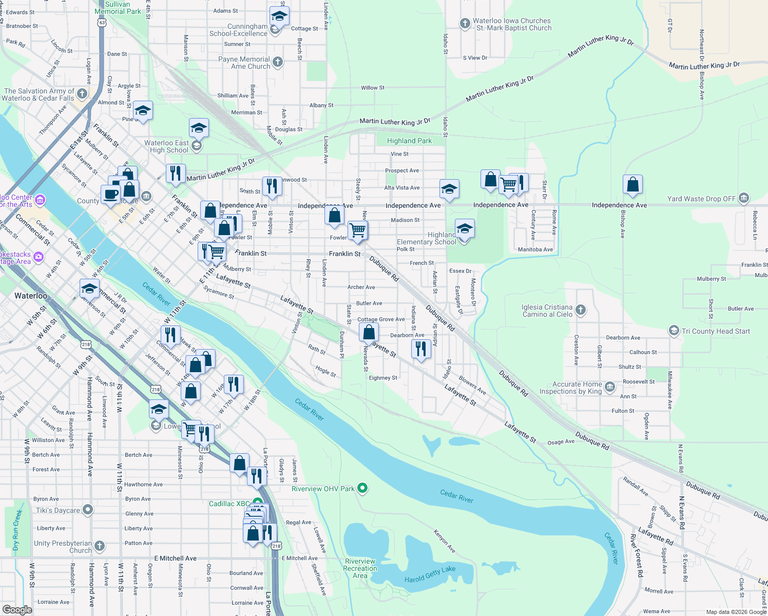 map of restaurants, bars, coffee shops, grocery stores, and more near 338 Butler Avenue in Waterloo