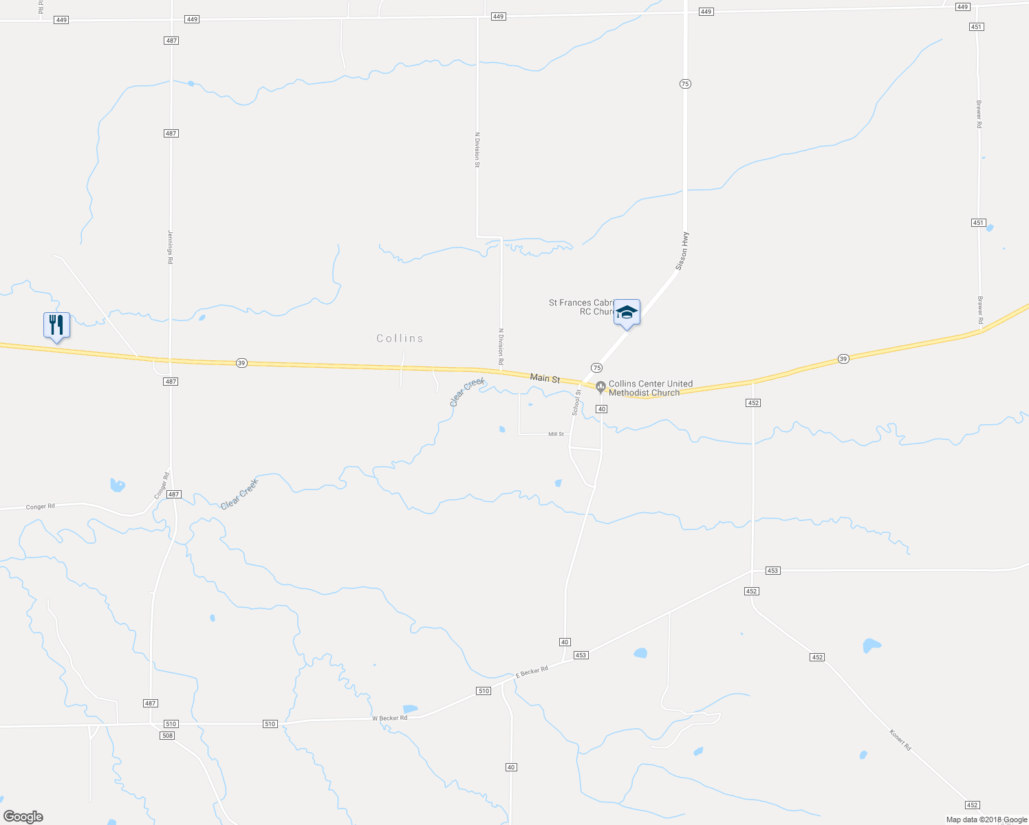 map of restaurants, bars, coffee shops, grocery stores, and more near 3546 Mill Street in Collins