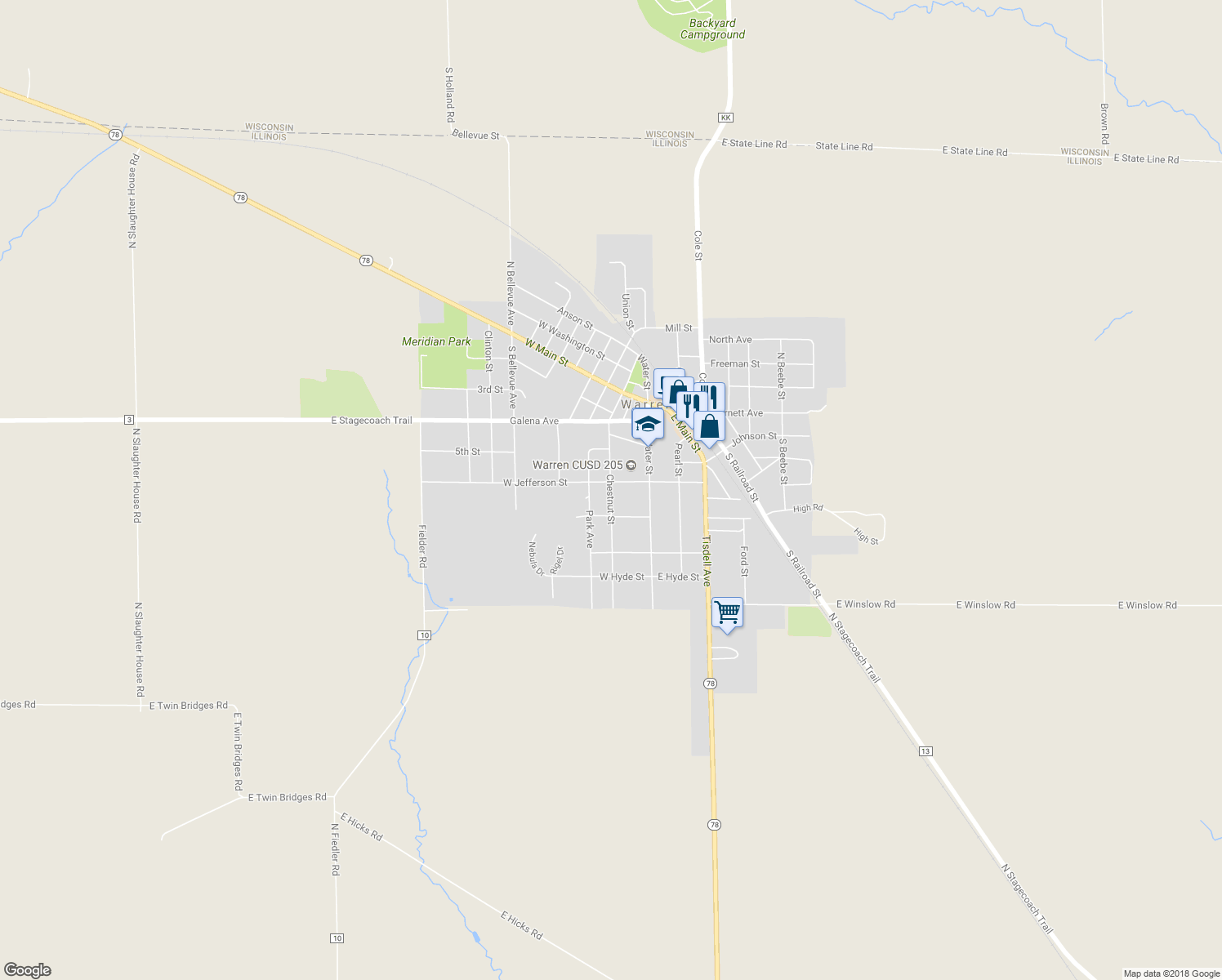 map of restaurants, bars, coffee shops, grocery stores, and more near 404 Chestnut Street in Warren
