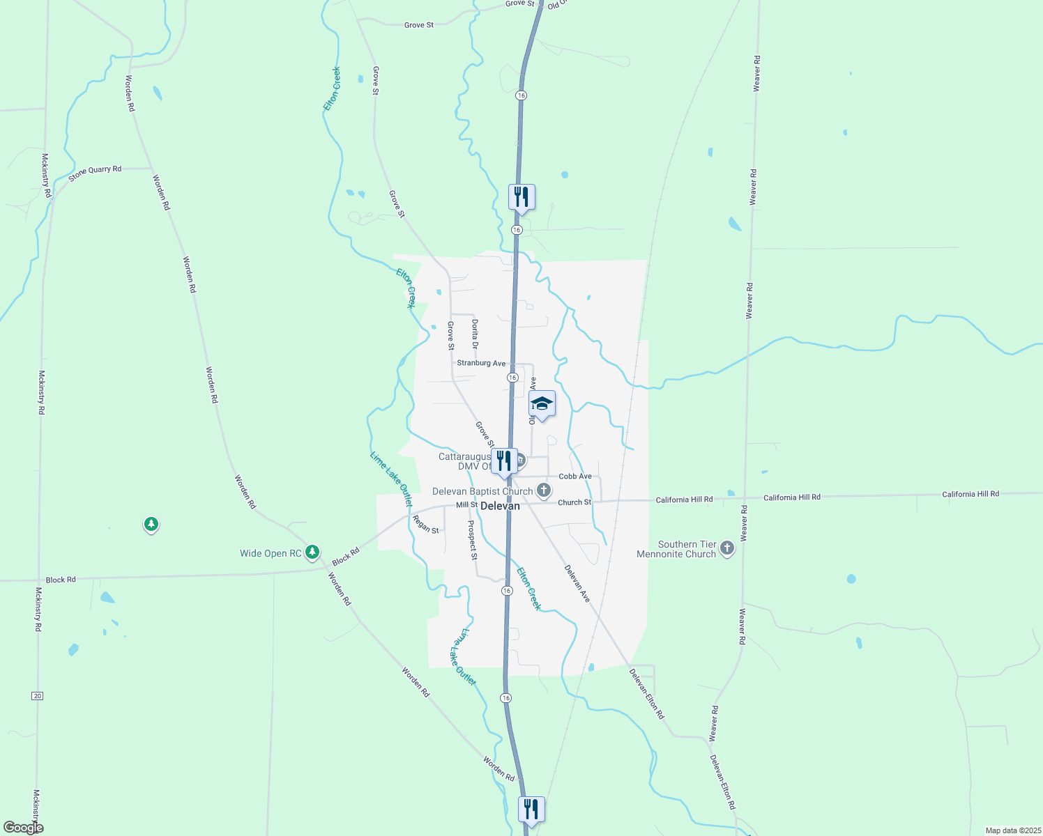 map of restaurants, bars, coffee shops, grocery stores, and more near 20 North Main Street in Delevan