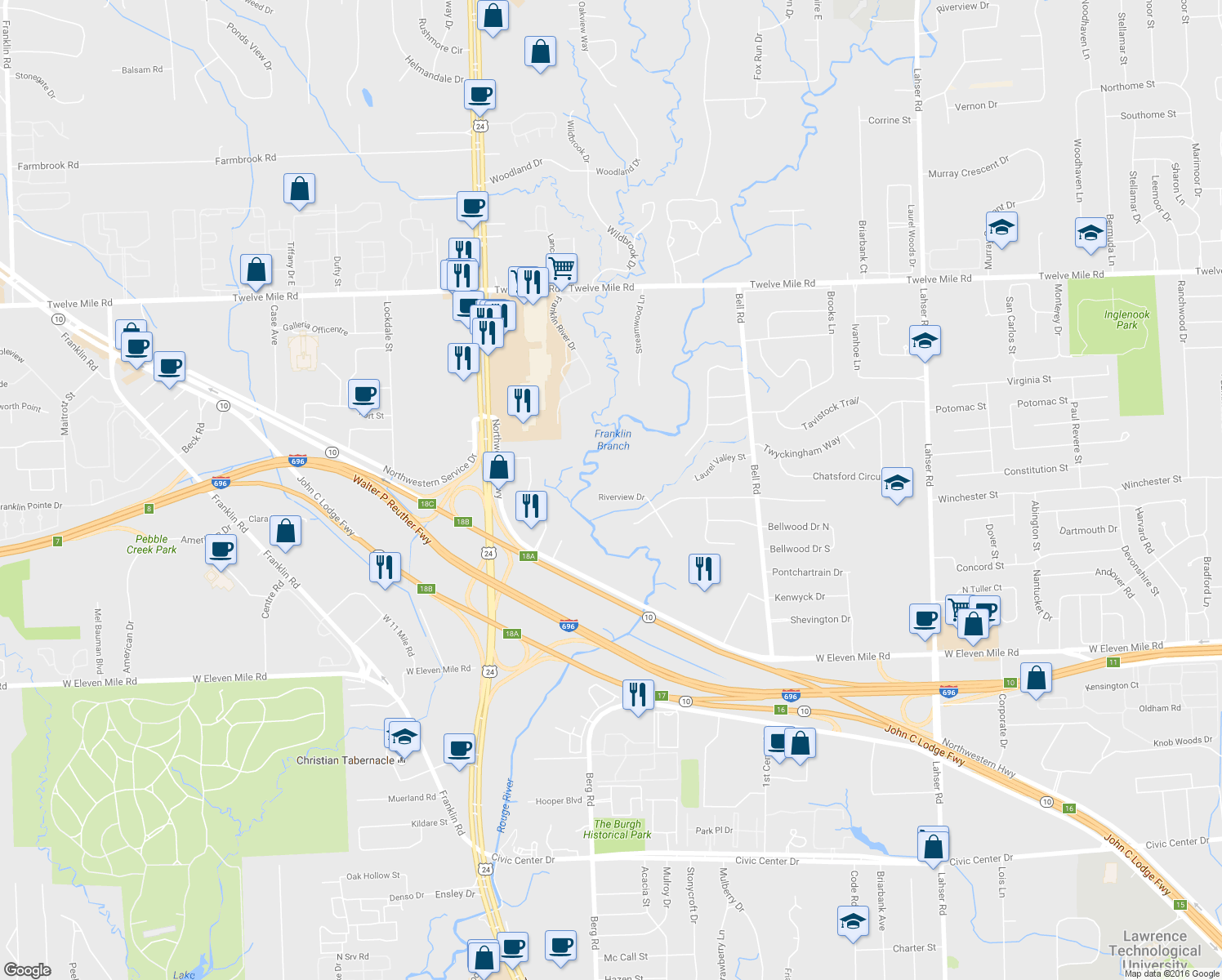 map of restaurants, bars, coffee shops, grocery stores, and more near 23700 Riverview Dr in Southfield