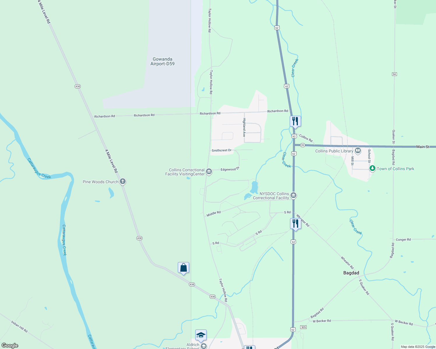 map of restaurants, bars, coffee shops, grocery stores, and more near 2043 Edgewood Drive in Gowanda