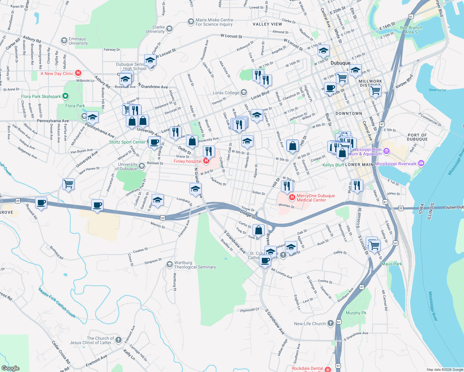 map of restaurants, bars, coffee shops, grocery stores, and more near 86 North Booth Street in Dubuque
