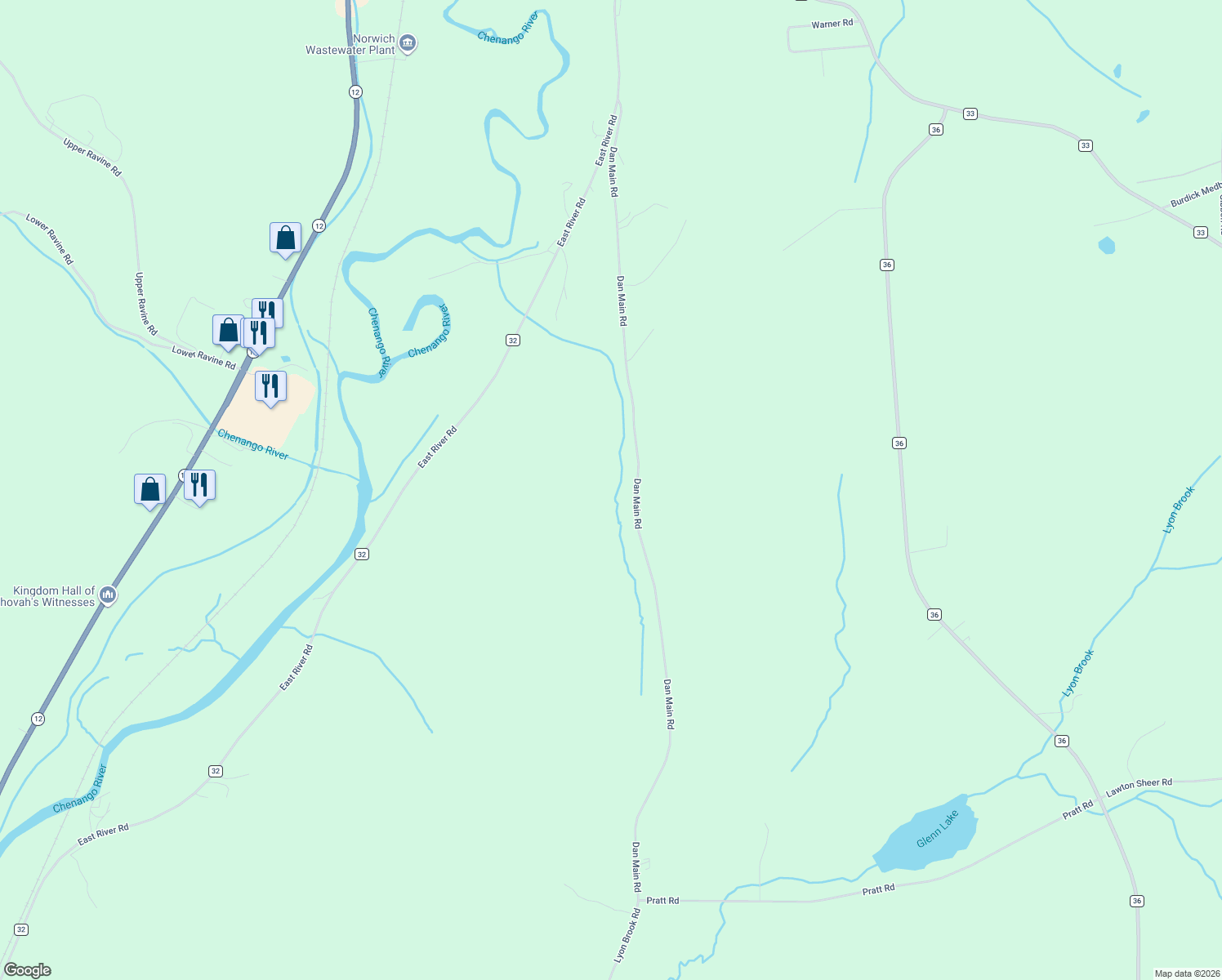map of restaurants, bars, coffee shops, grocery stores, and more near 327 Dan Main Hill in Norwich