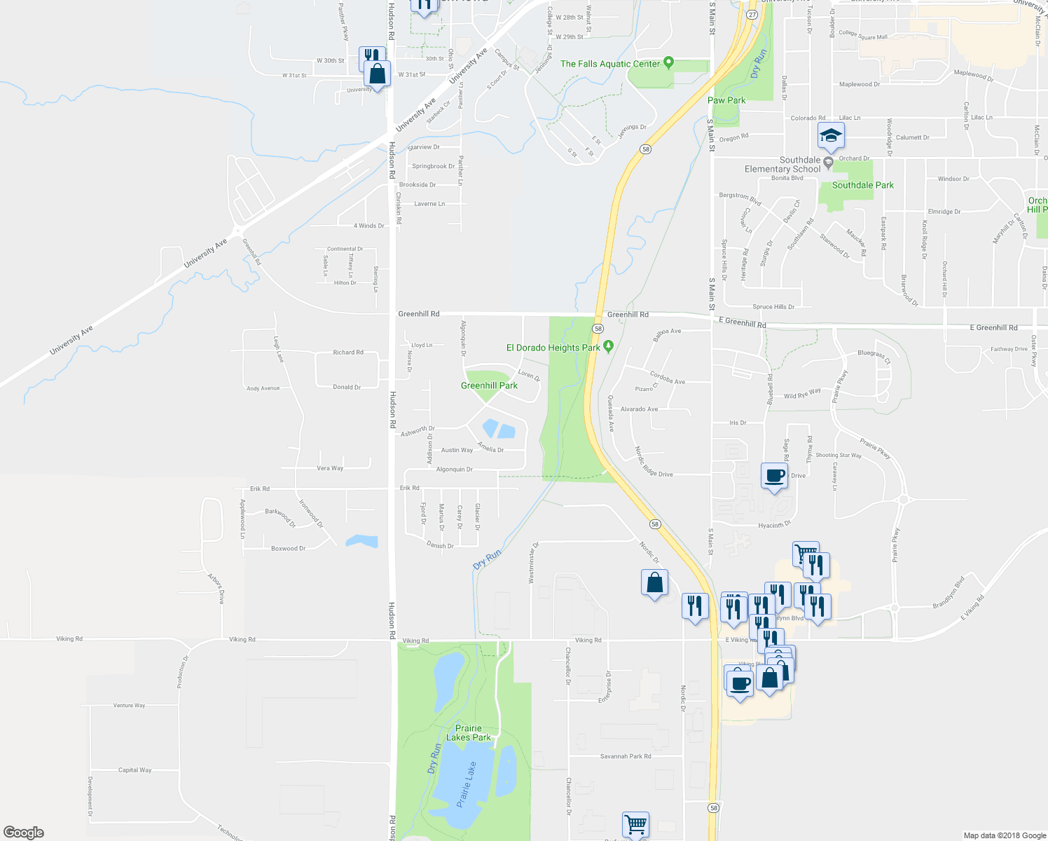 map of restaurants, bars, coffee shops, grocery stores, and more near 4825 Algonquin Drive in Cedar Falls