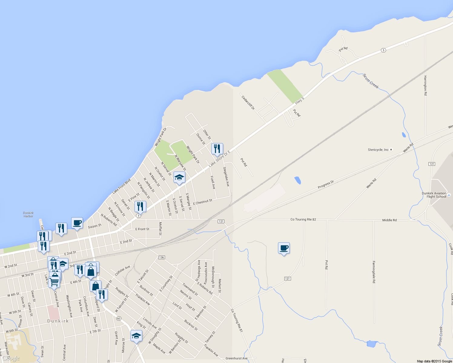 map of restaurants, bars, coffee shops, grocery stores, and more near 173 Stegelske Avenue in Dunkirk