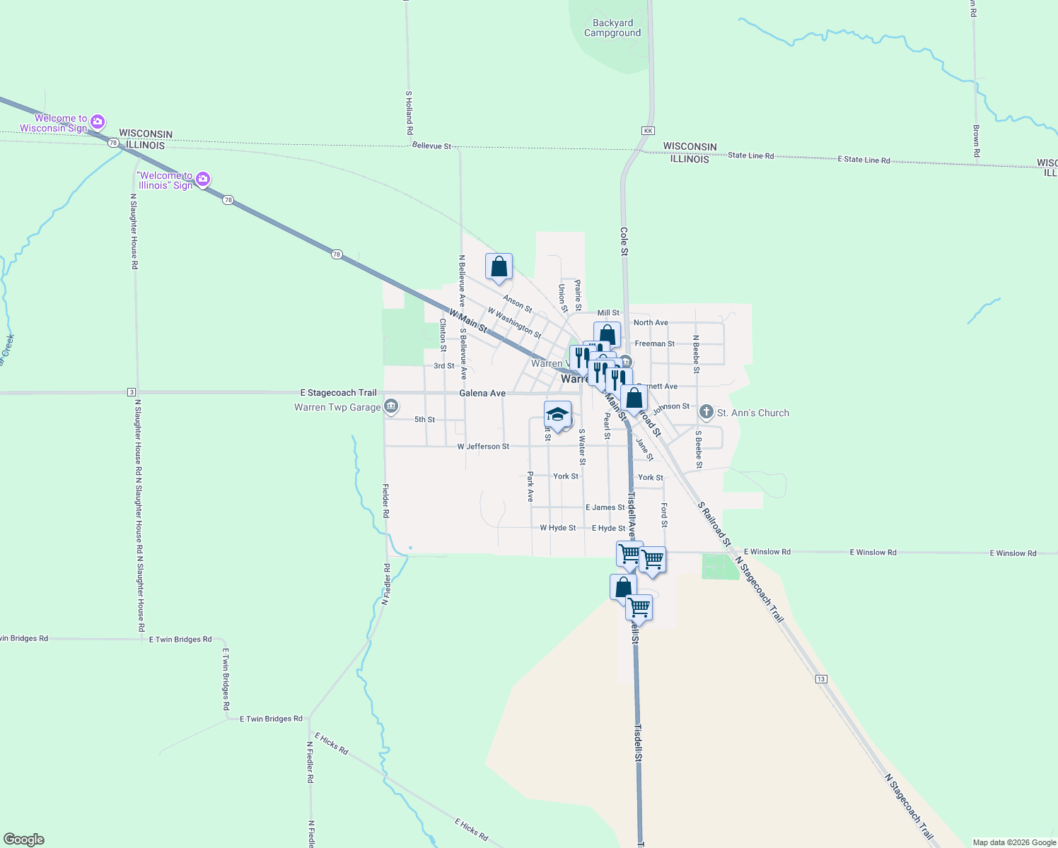 map of restaurants, bars, coffee shops, grocery stores, and more near 215 Emelyne Street in Warren