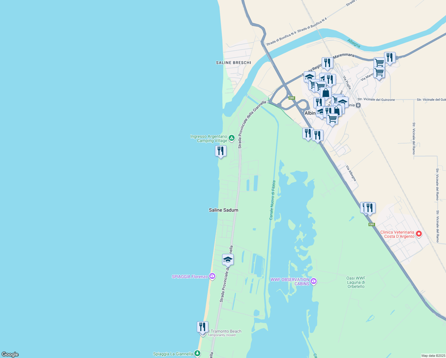 map of restaurants, bars, coffee shops, grocery stores, and more near Km. 1 Strada Provinciale della Giannella in Saline Sadun