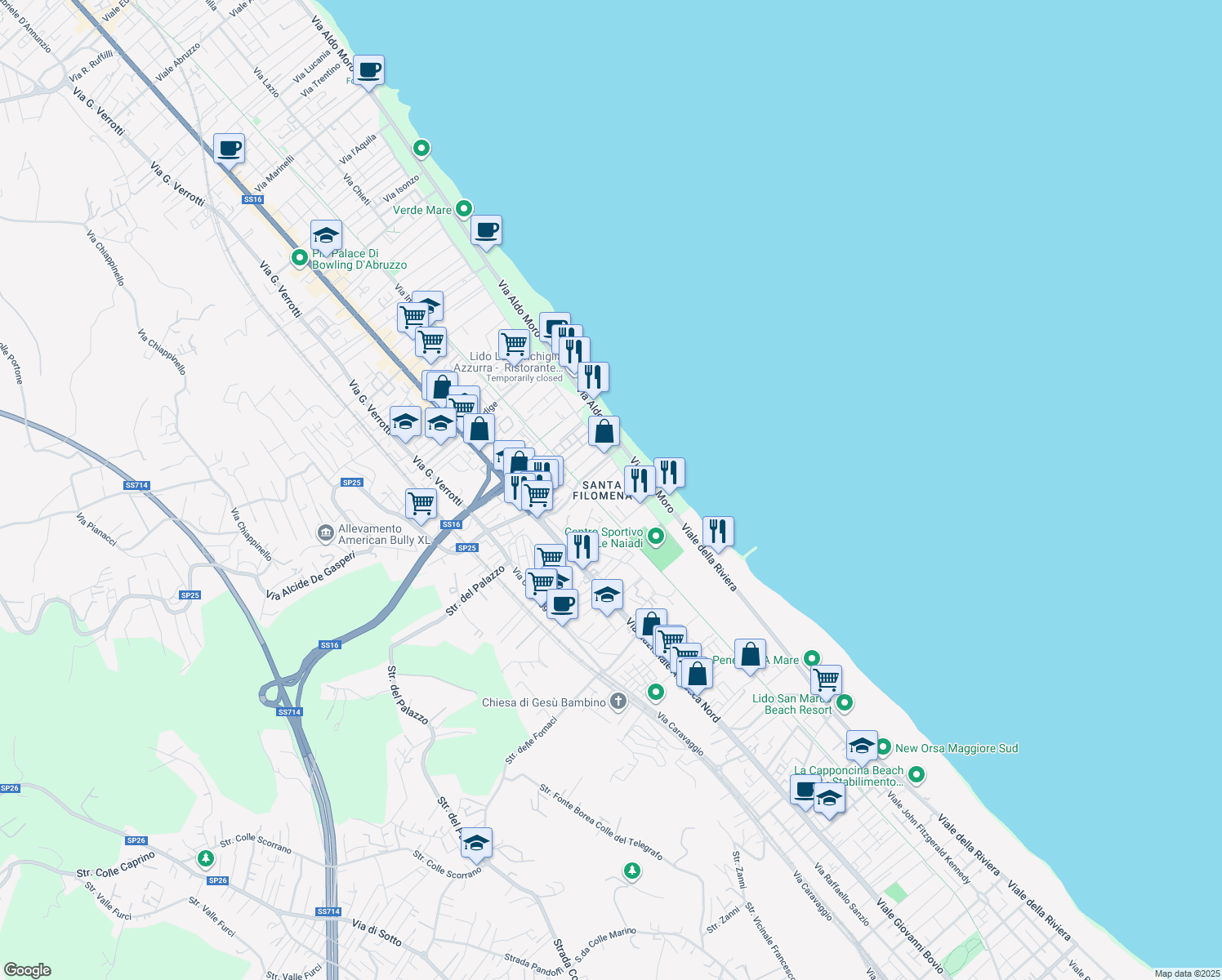 map of restaurants, bars, coffee shops, grocery stores, and more near 12C Via Crati in Montesilvano