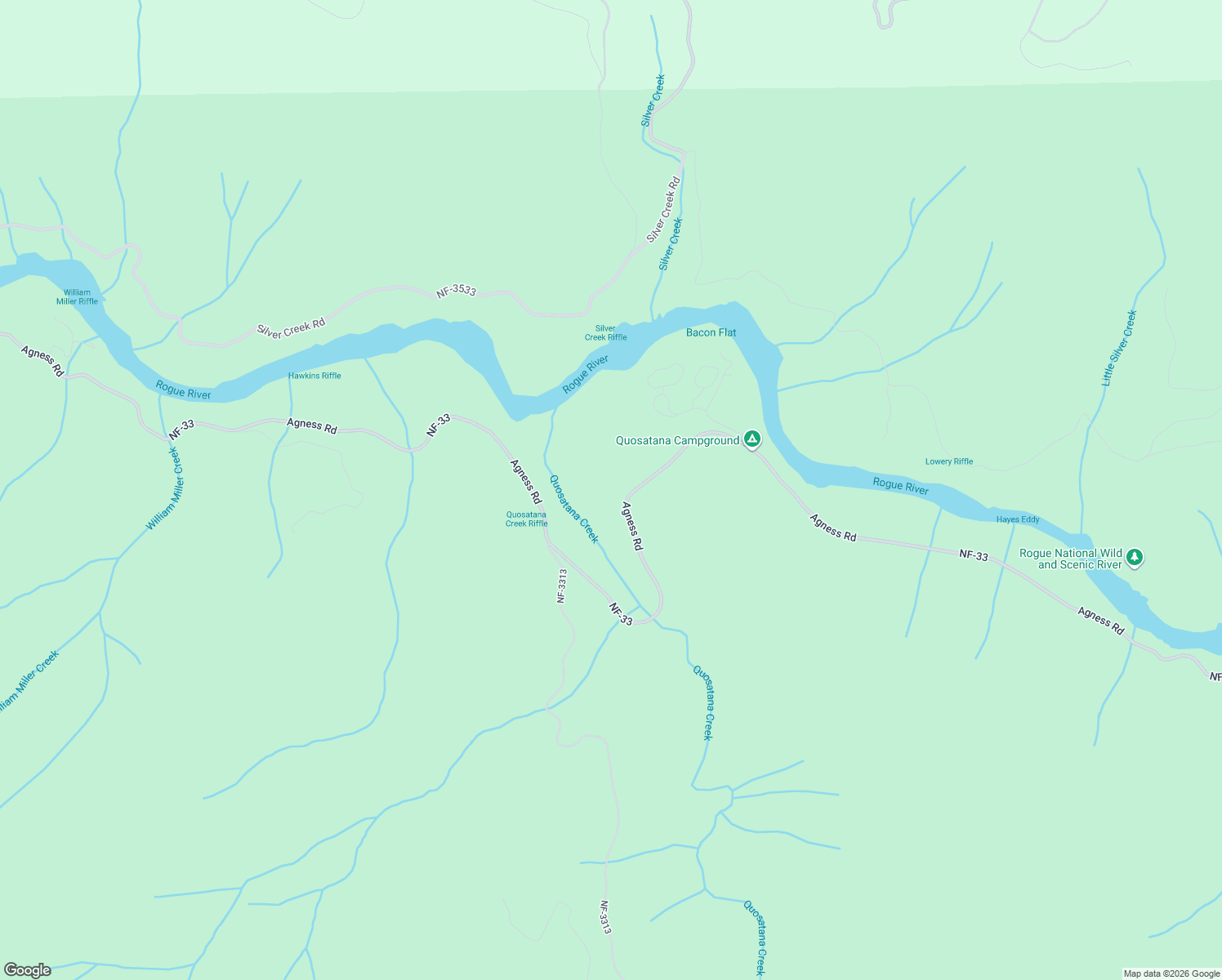 map of restaurants, bars, coffee shops, grocery stores, and more near 99301 Agness Road in Gold Beach