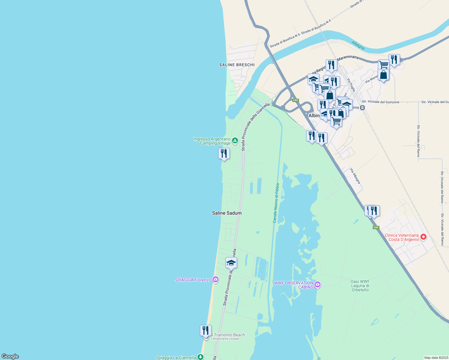 map of restaurants, bars, coffee shops, grocery stores, and more near Km. 1 Strada Provinciale della Giannella in Saline Sadun